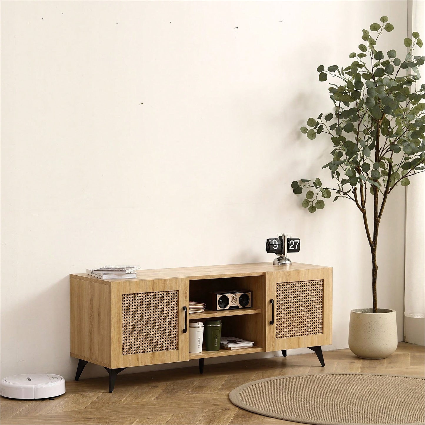 TV Stand With Rattan Net Stylish, Functional, And Versatile