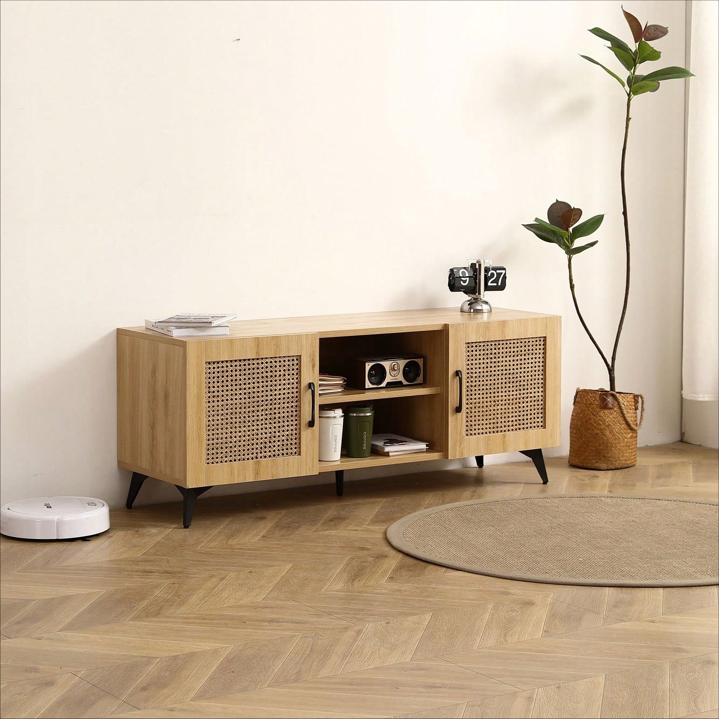 TV Stand With Rattan Net Stylish, Functional, And Versatile