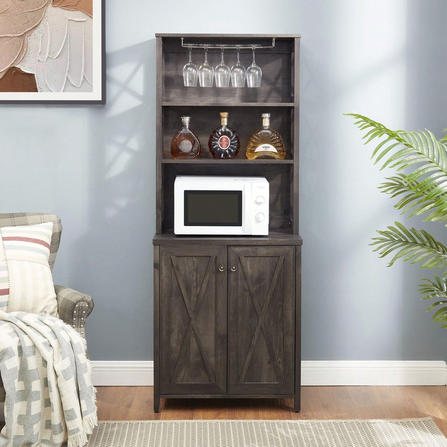 Charcoal Gray Coffee Bar Cabinet with Microwave Stand and Metal Frame Hollow Out Barn Design
