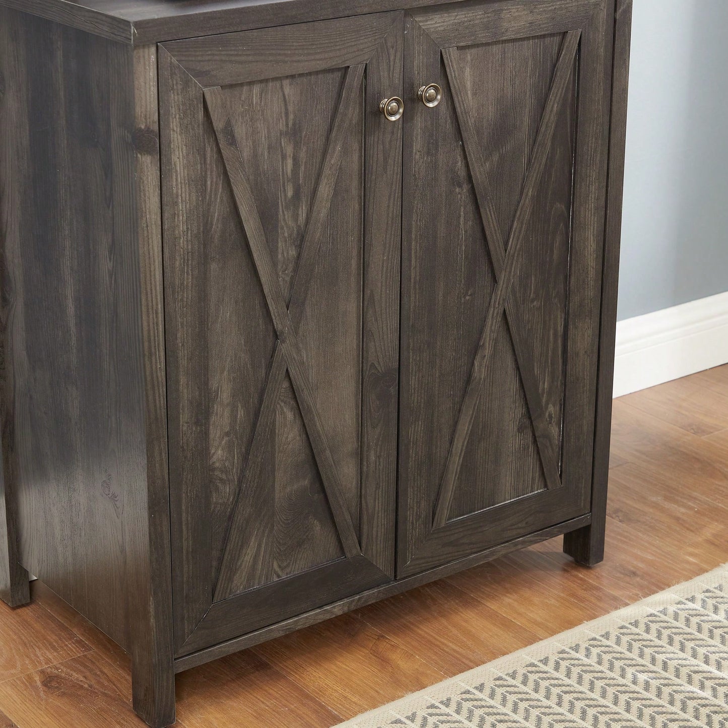 Charcoal Gray Coffee Bar Cabinet with Microwave Stand and Metal Frame Hollow Out Barn Design