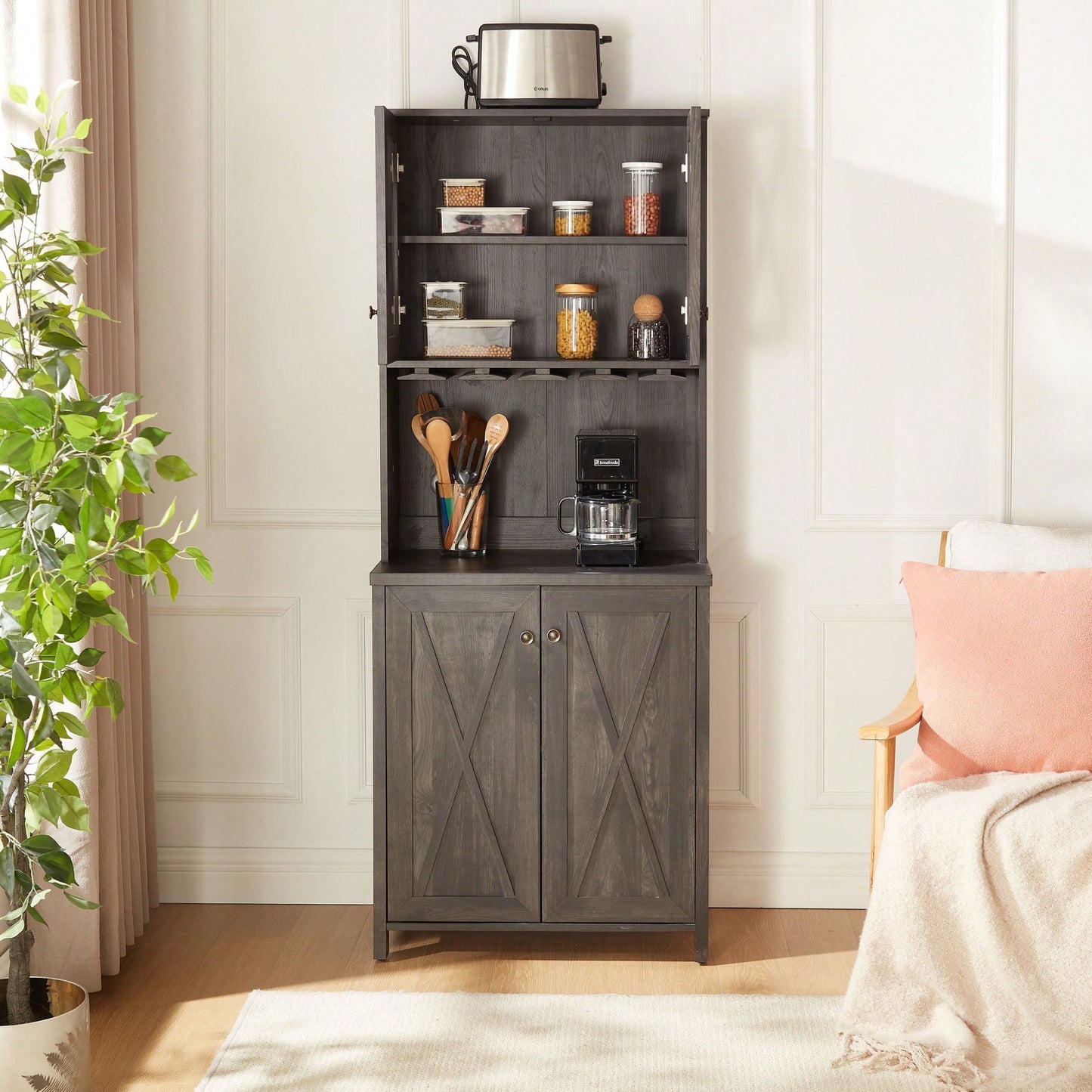 Charcoal Gray Coffee Bar Cabinet with Microwave Stand and Metal Frame Hollow Out Barn Design