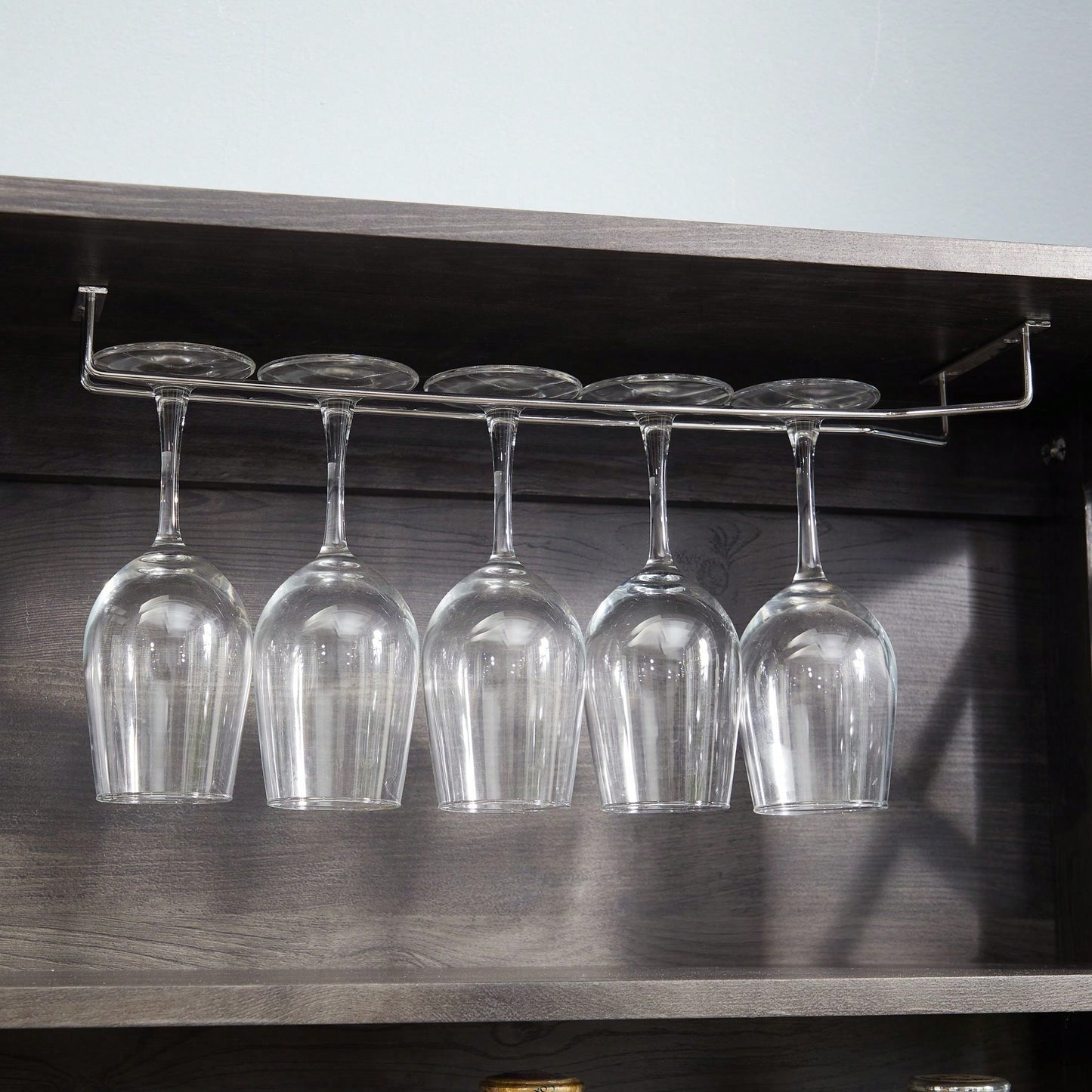 Charcoal Gray Coffee Bar Cabinet with Microwave Stand and Metal Frame Hollow Out Barn Design