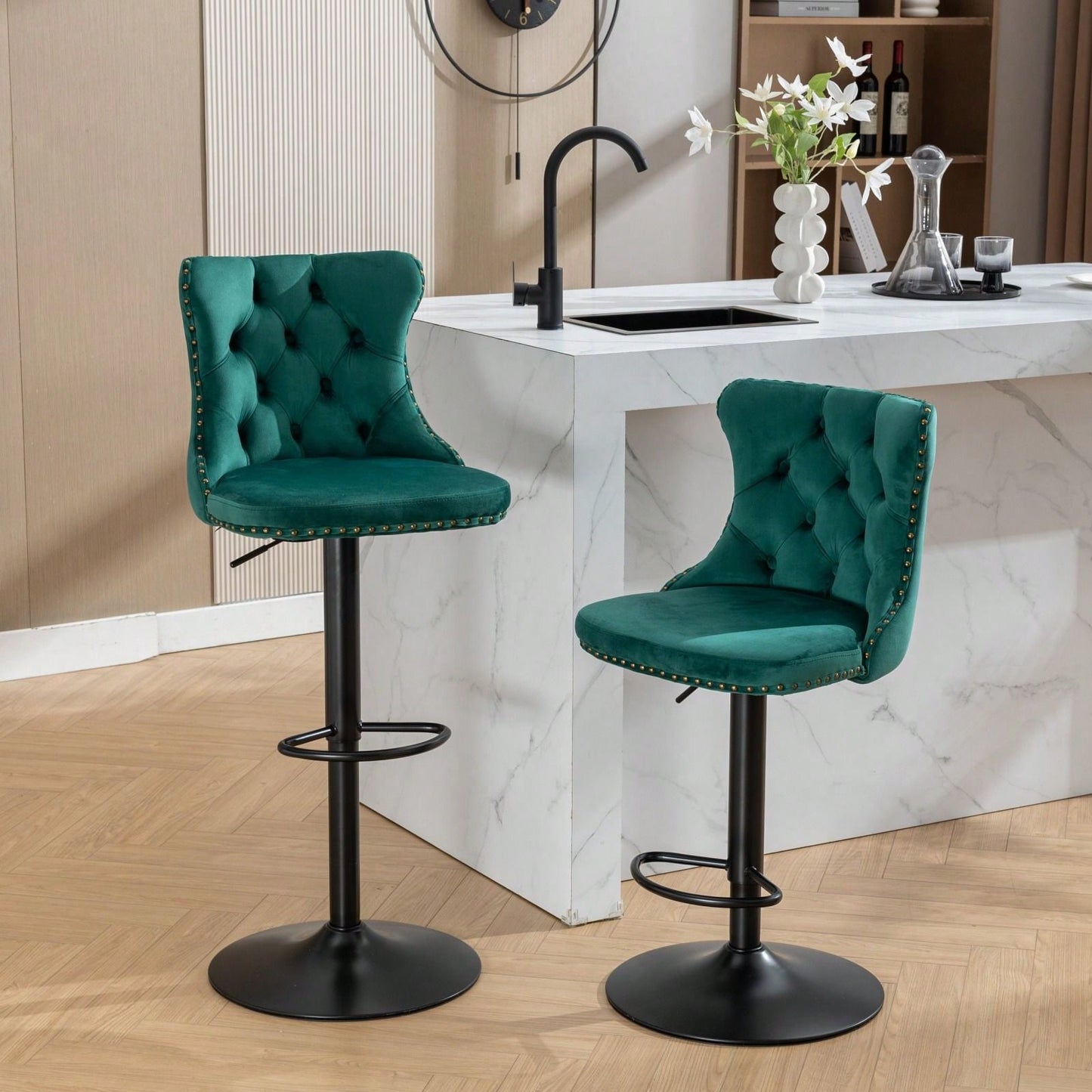 Modern Upholstered Bar Stools With Backs Comfortable Tufted For Home Pub And Kitchen Island, Set Of 2