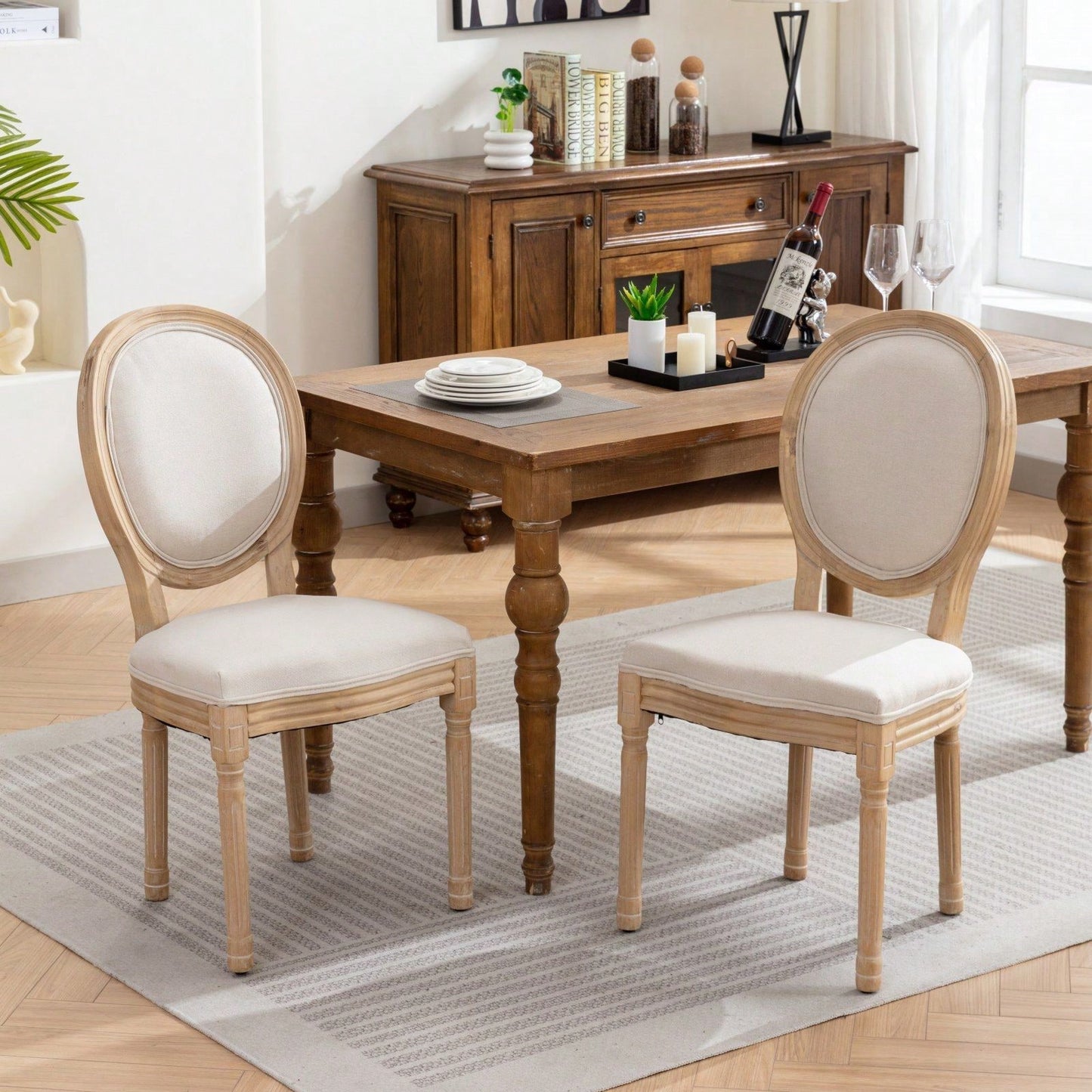 French-Style Solid Wood Frame Antique Painting Linen Fabric Back Dining Chair, Set Of 2