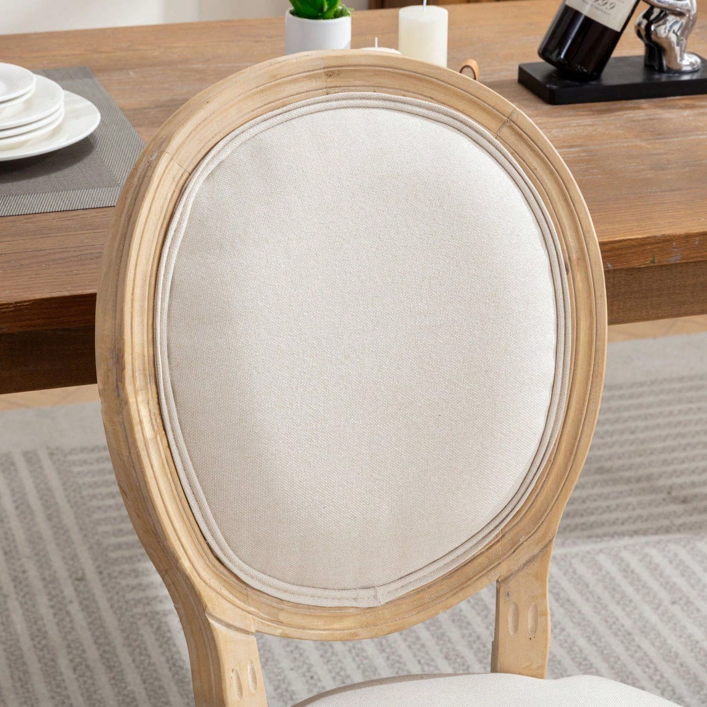 French-Style Solid Wood Frame Antique Painting Linen Fabric Back Dining Chair, Set Of 2