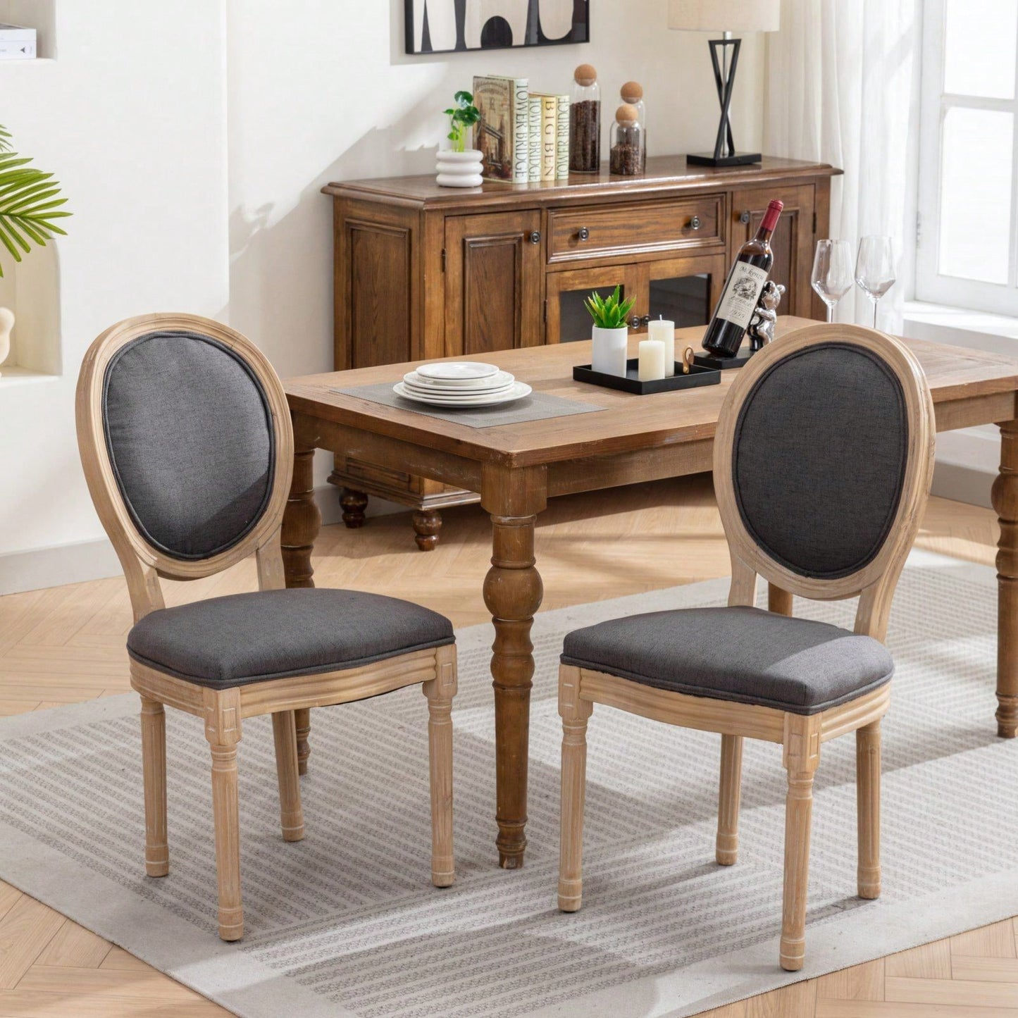 French-Style Solid Wood Frame Antique Painting Linen Fabric Back Dining Chair, Set Of 2