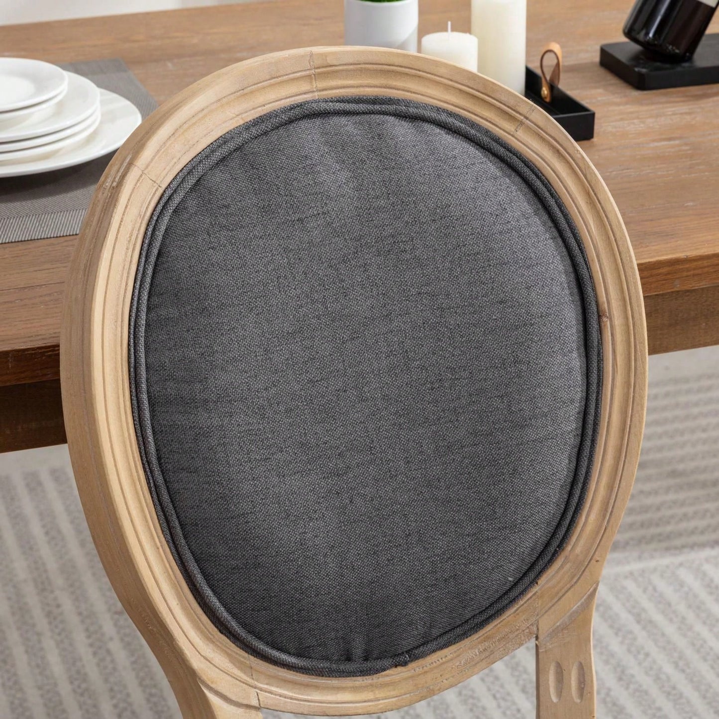French-Style Solid Wood Frame Antique Painting Linen Fabric Back Dining Chair, Set Of 2
