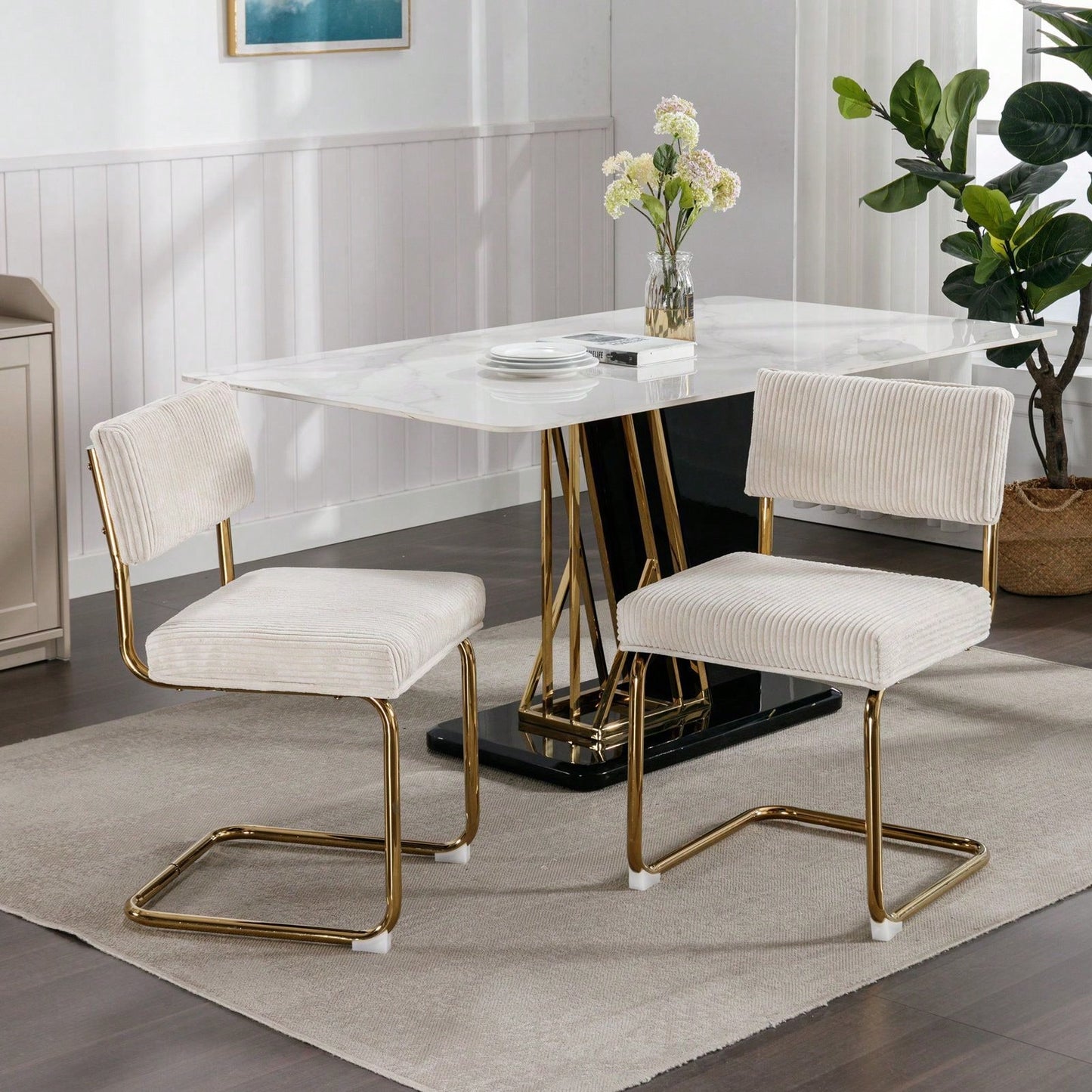 Modern Dining Chairs With Corduroy Fabric,Gold Metal Base, Accent Armless Kitchen Chairs With Channel Tufting,  Side Chairs, Set Of 2