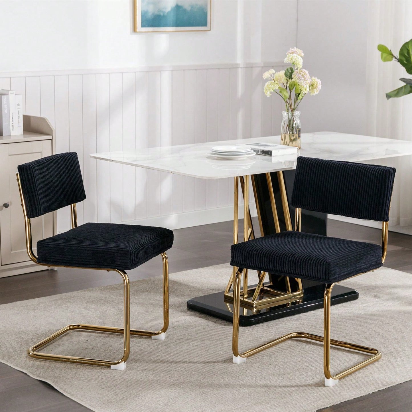 Modern Dining Chairs With Corduroy Fabric,Gold Metal Base, Accent Armless Kitchen Chairs With Channel Tufting,  Side Chairs, Set Of 2