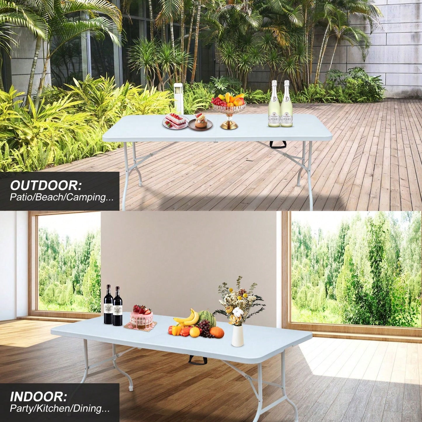 6ft Folding Table, Portable Plastic Table For Camping, Picnics, Parties, High Load Bearing Foldable Table