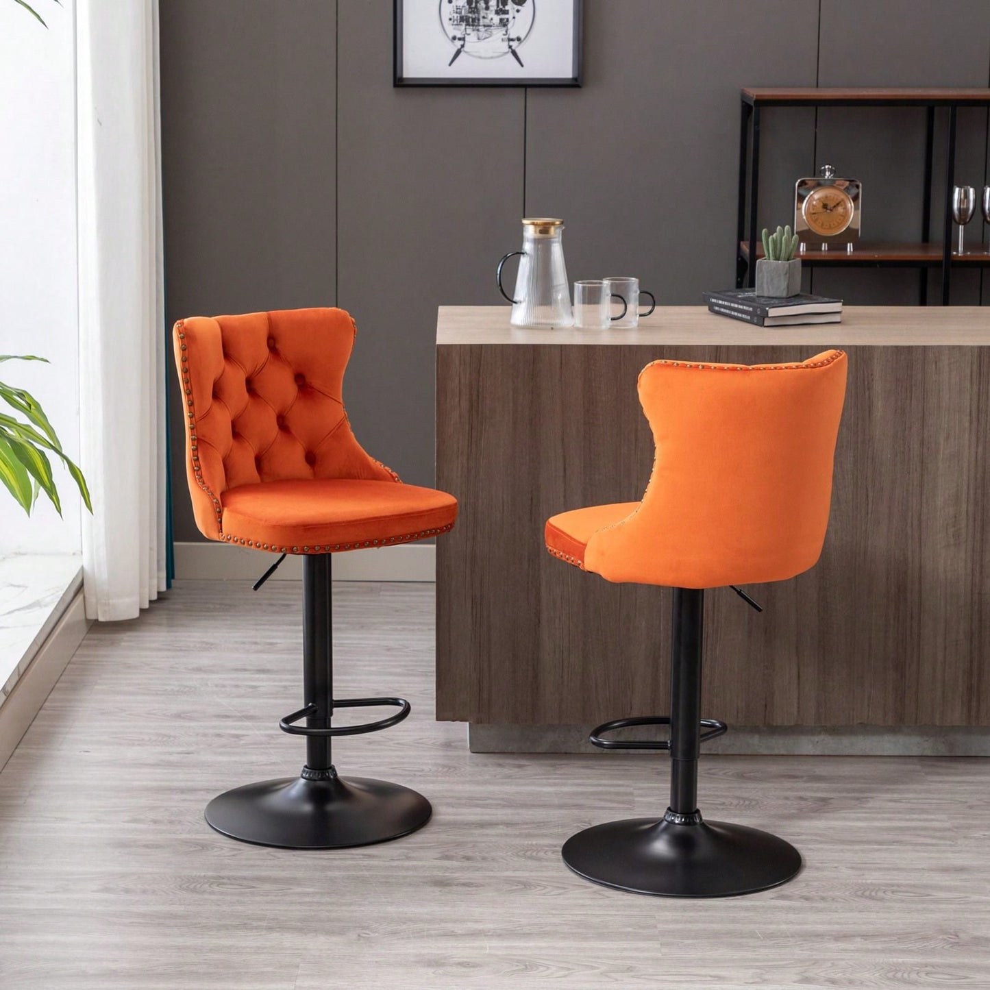 Adjustable Swivel Velvet Bar Stools Set of 2 Comfortable Tufted Back Modern Design for Kitchen Island and Home Pub Orange 25-33 Inch Height