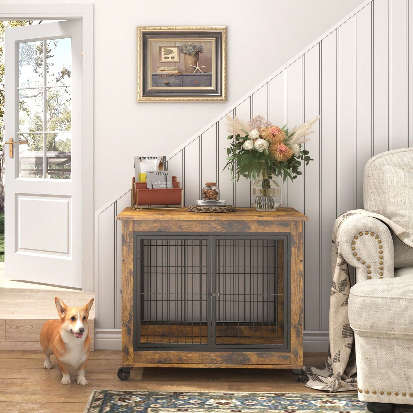 Furniture Style Dog Crate Side Table On Wheels With Double Doors And Lift Top