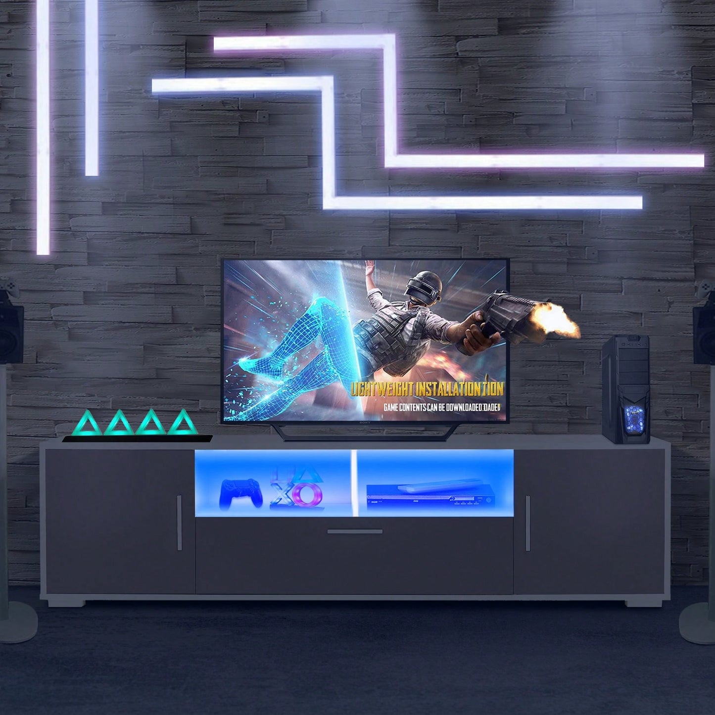 Modern LED TV Stand with Remote Control Light Belt and Storage Cabinets for Living Room and Bedroom