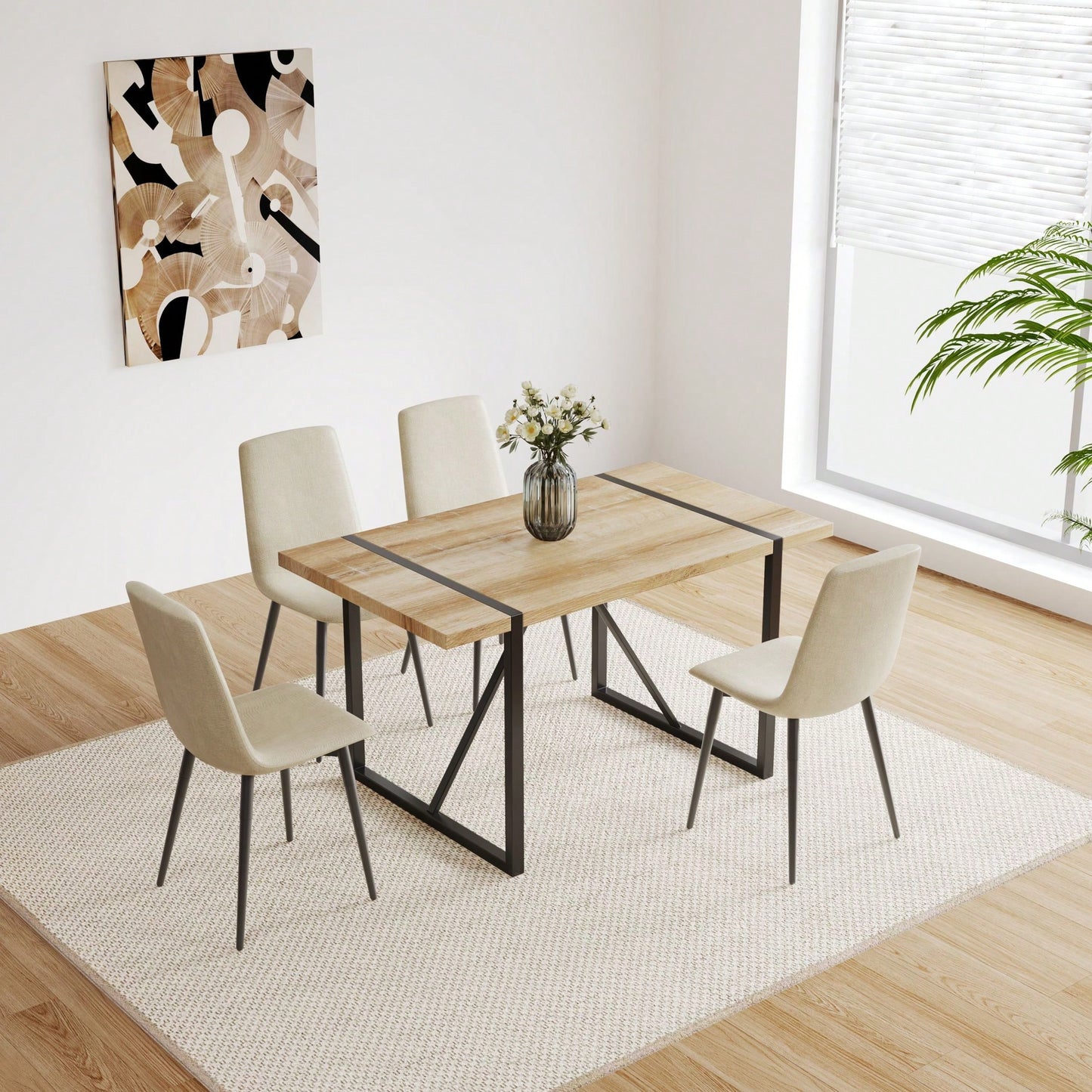 Modern 4-Piece Upholstered Dining Chair Set with Linen Cushion and Sturdy Black Metal Legs for Kitchen and Dining Room