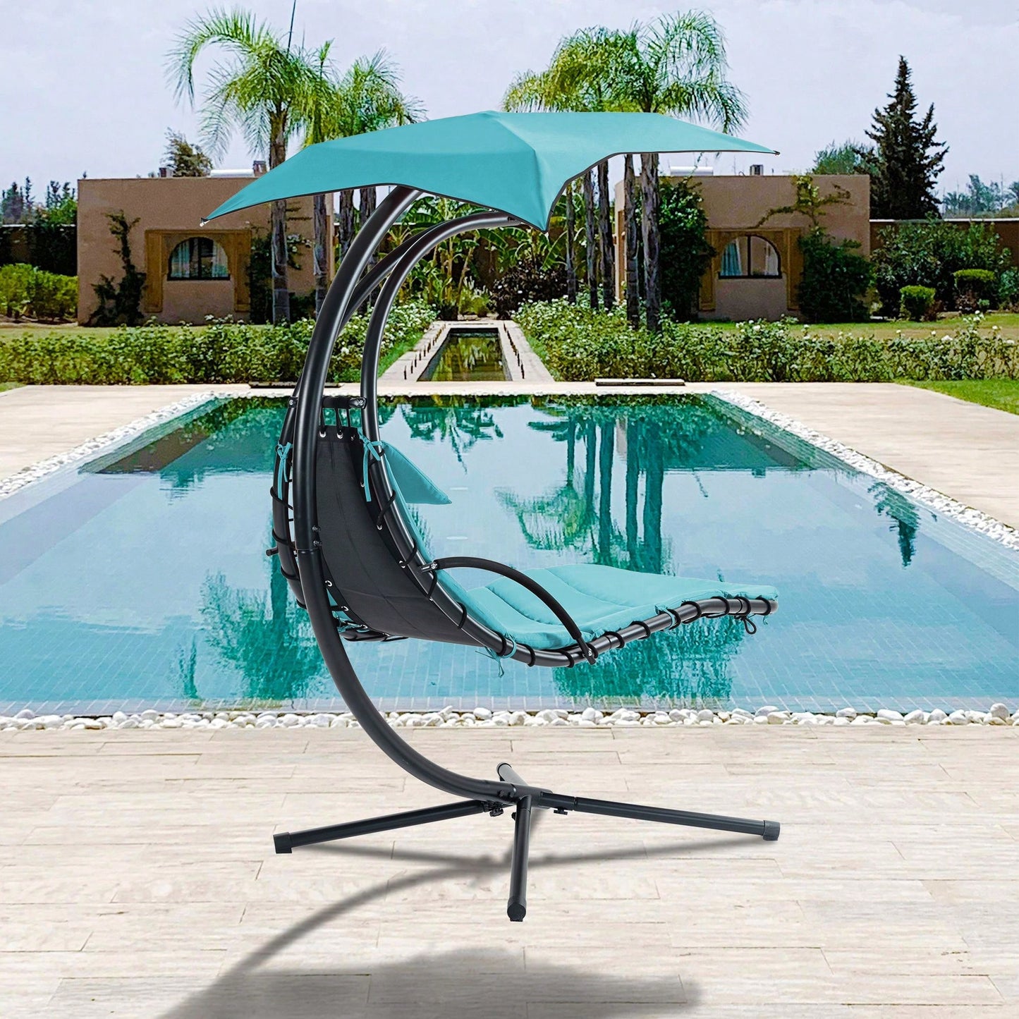 Curved Hanging Chaise Lounger with Canopy and Pillow for Patio Poolside Swing Chair