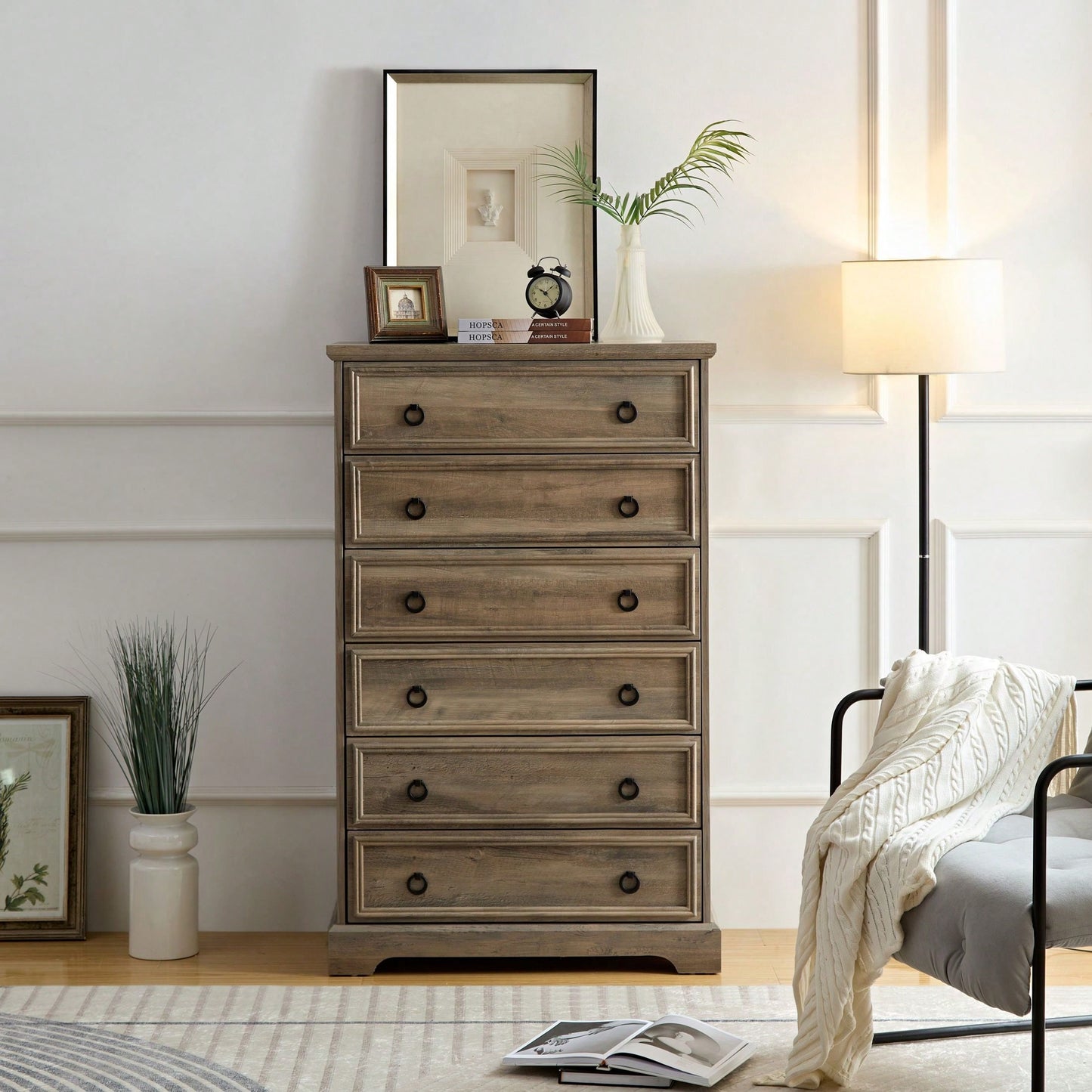 Stylish 6 Drawer Tall Dresser for Bedroom Storage and Closet Organization with Easy Pull Handles