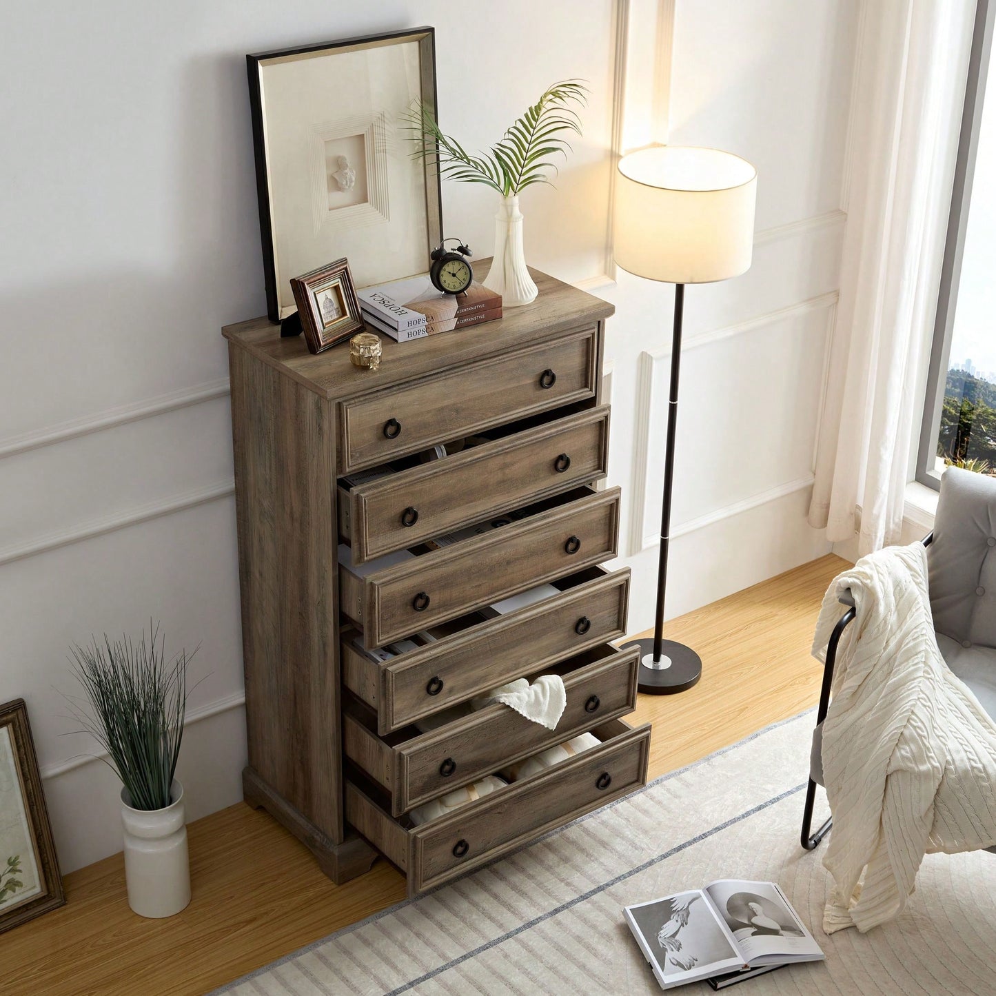 Stylish 6 Drawer Tall Dresser for Bedroom Storage and Closet Organization with Easy Pull Handles
