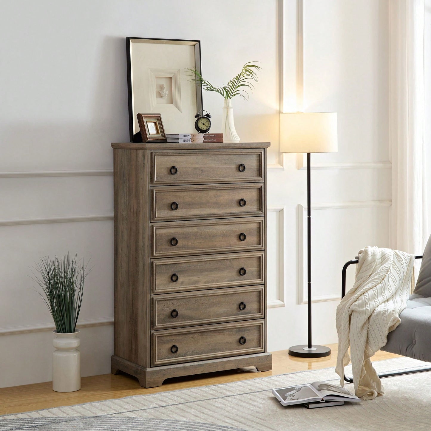 Stylish 6 Drawer Tall Dresser for Bedroom Storage and Closet Organization with Easy Pull Handles