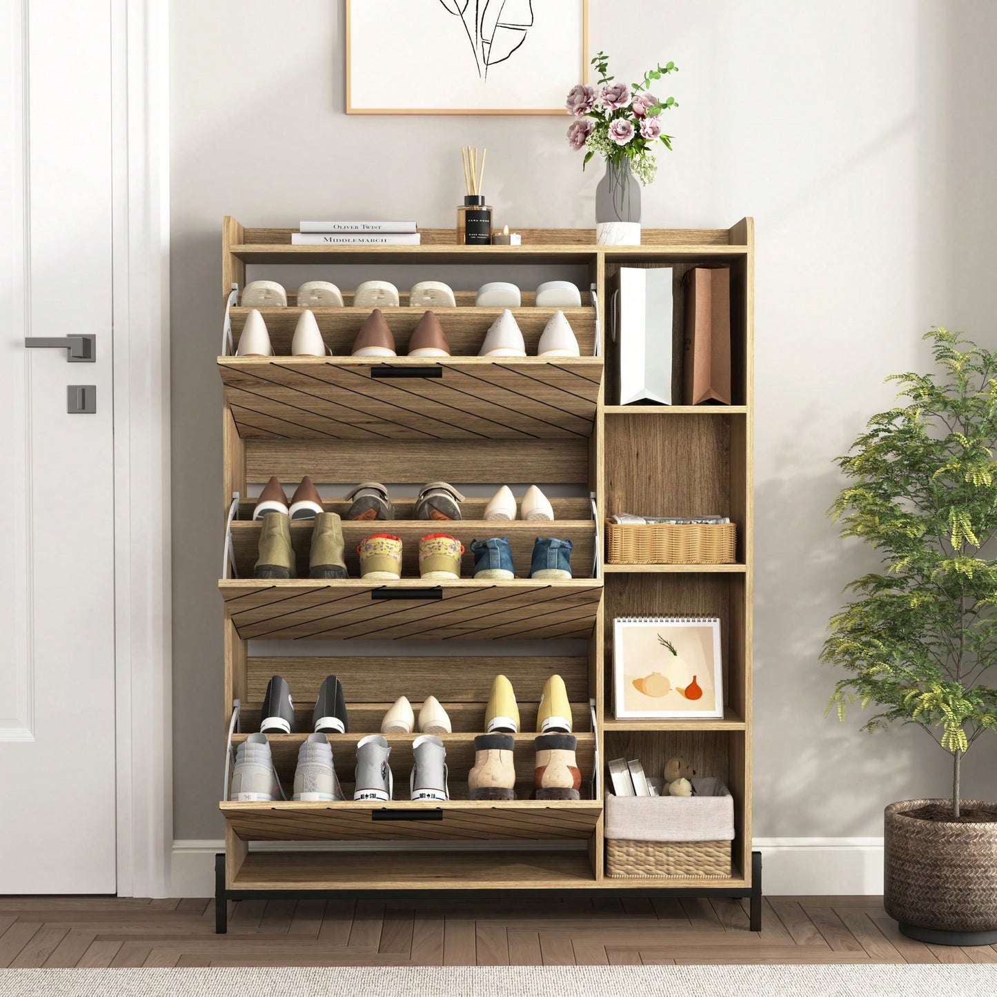 Modern Slim Shoe Cabinet with 3 Flip Drawers and Open Shelves for Heels Boots and Slippers