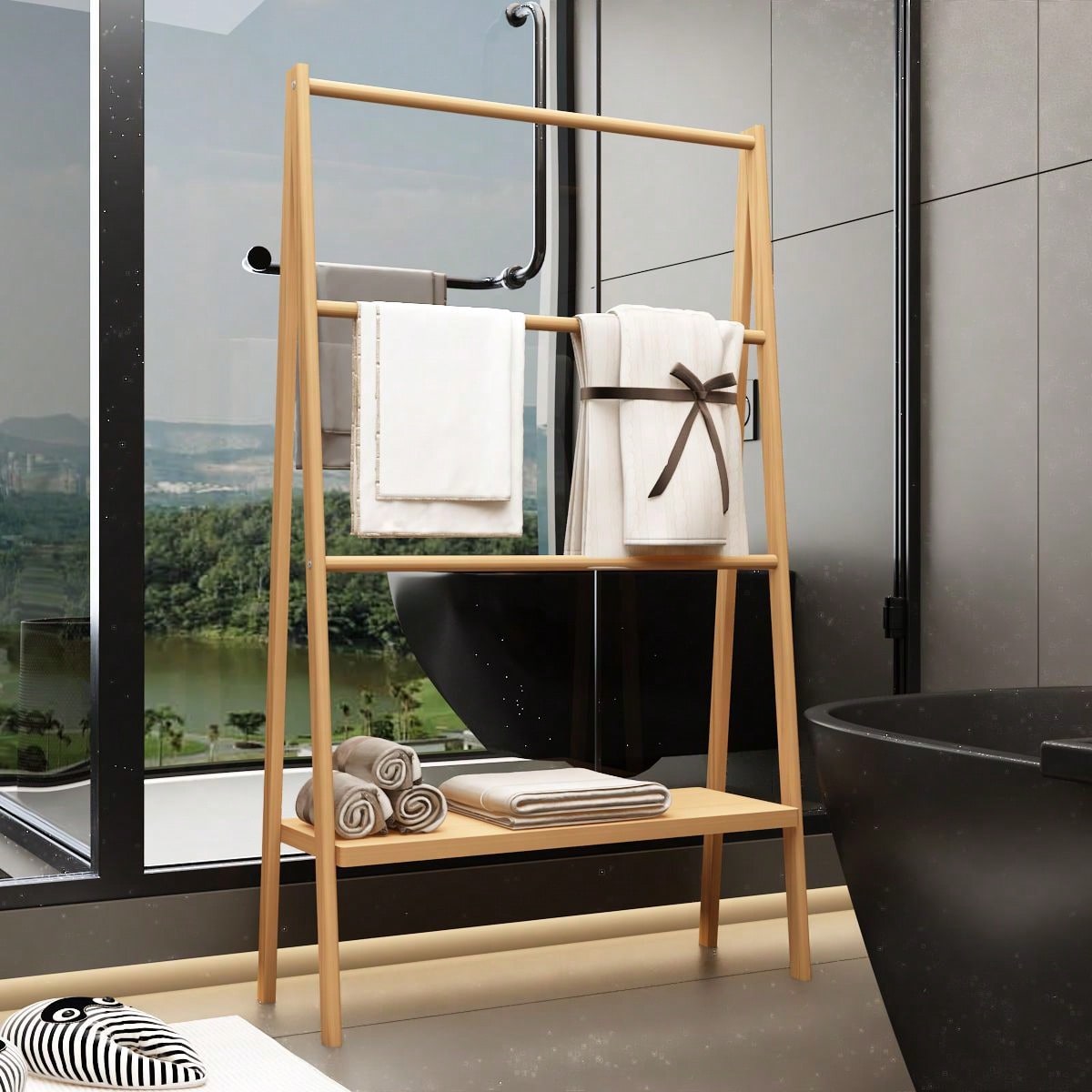Freestanding Beach Towel & Poolside Rack With Bottom Storage Shelf Outdoor Indoor