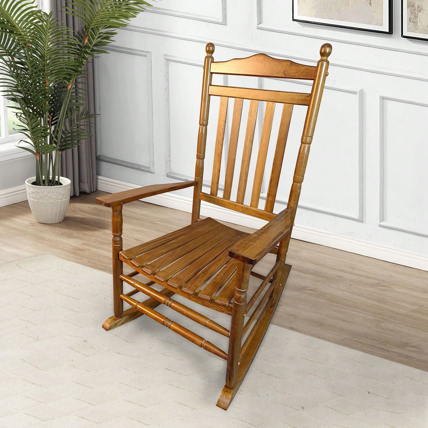 Adult Rocking Chair, Balcony, Porch, Hardwood, Wide Seat, Armrest, Slatted Back Rest