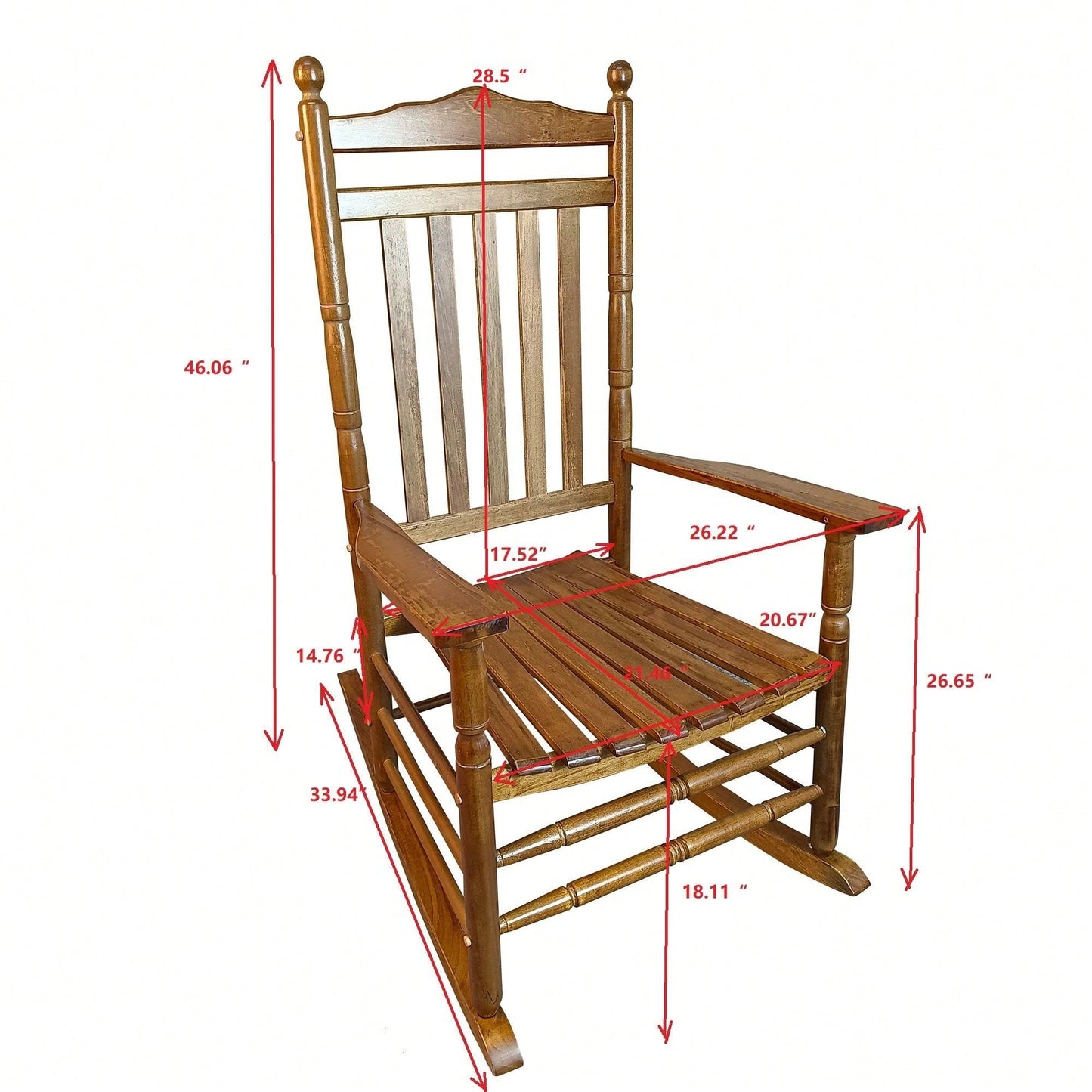 Adult Rocking Chair, Balcony, Porch, Hardwood, Wide Seat, Armrest, Slatted Back Rest