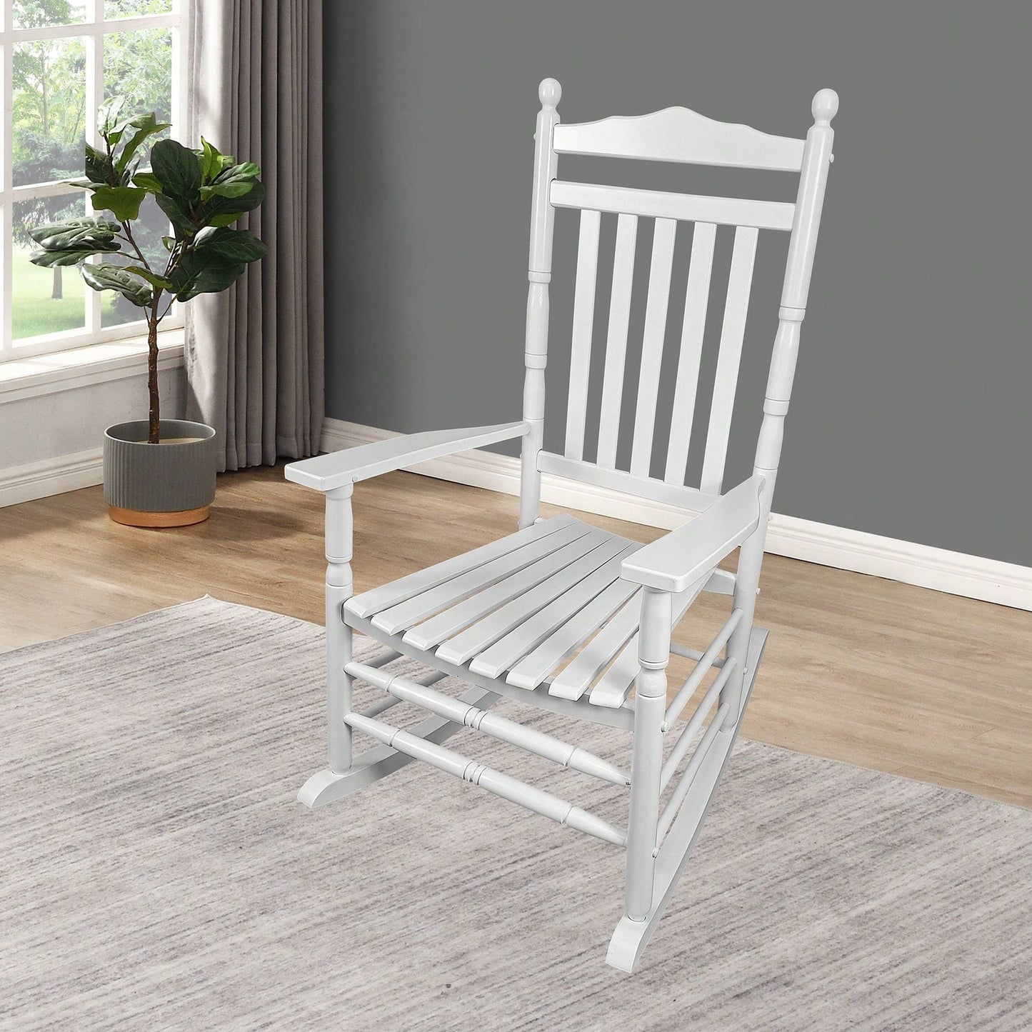 Adult Rocking Chair, Balcony, Porch, Hardwood, Wide Seat, Armrest, Slatted Back Rest