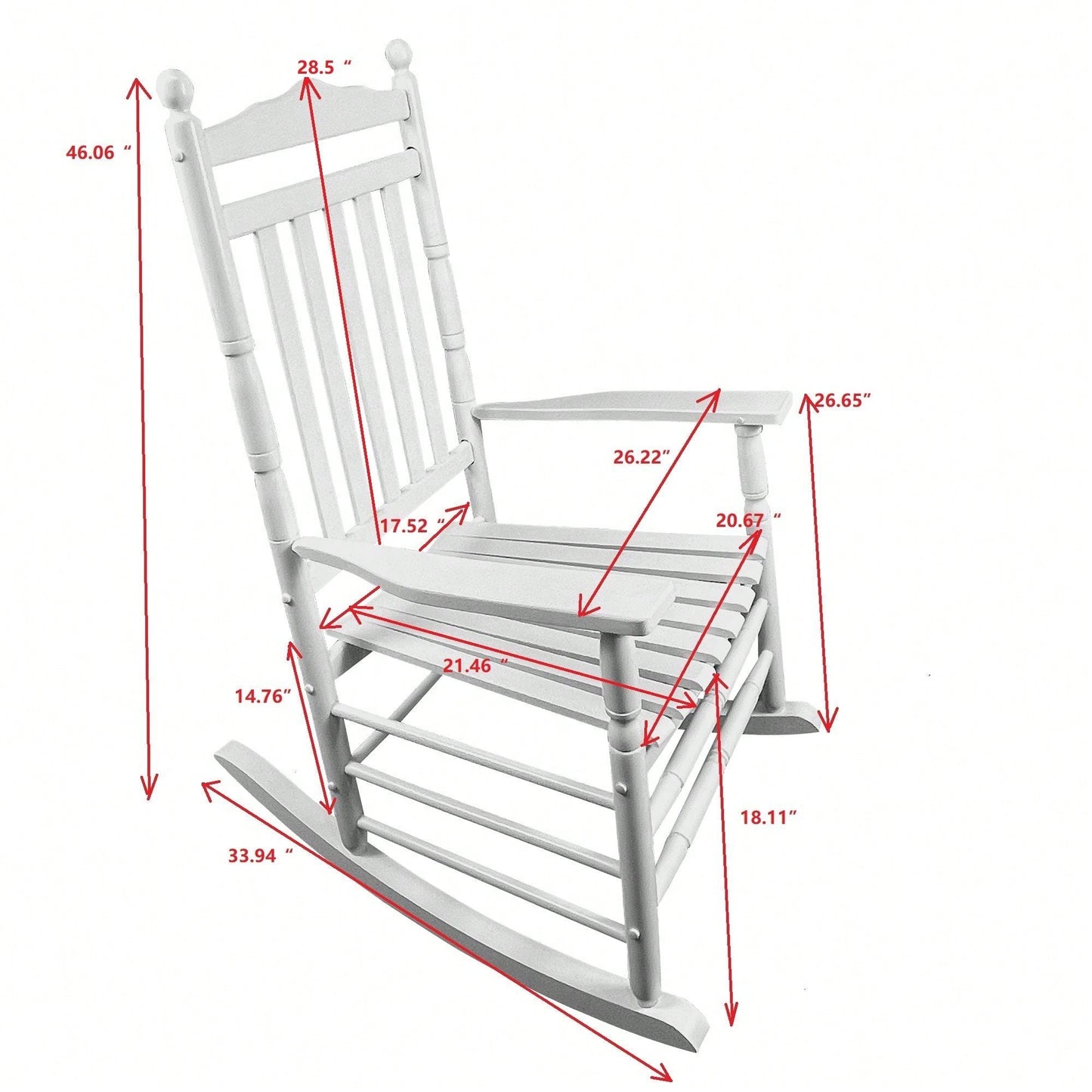 Adult Rocking Chair, Balcony, Porch, Hardwood, Wide Seat, Armrest, Slatted Back Rest