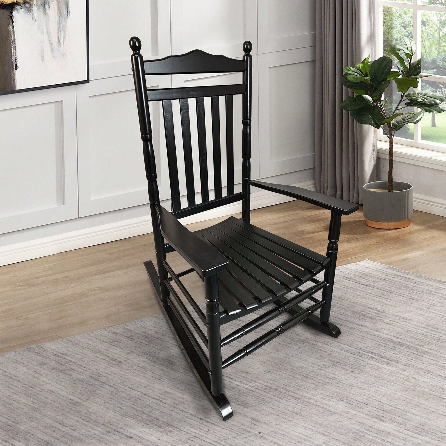 Adult Rocking Chair, Balcony, Porch, Hardwood, Wide Seat, Armrest, Slatted Back Rest