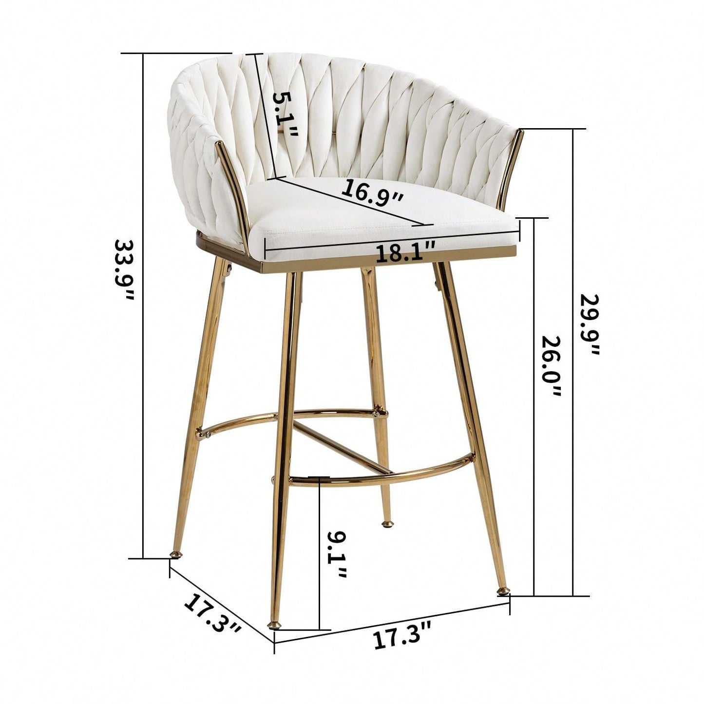 Set Of 2, 26'' Counter Height Bar Stools Velvet Kitchen Island Counter Bar Stool With Hand- Wave Back,Golden Chromed Base And Footrest