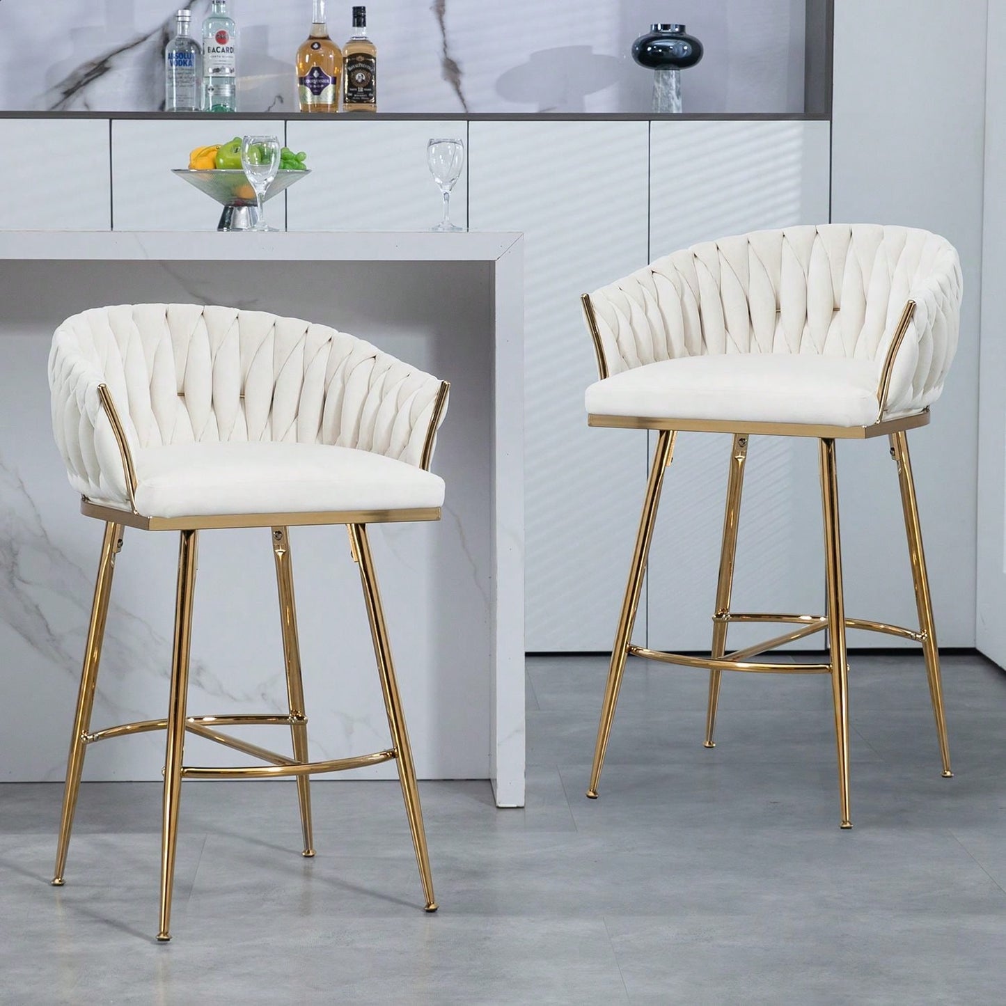 Set Of 2, 26'' Counter Height Bar Stools Velvet Kitchen Island Counter Bar Stool With Hand- Wave Back,Golden Chromed Base And Footrest