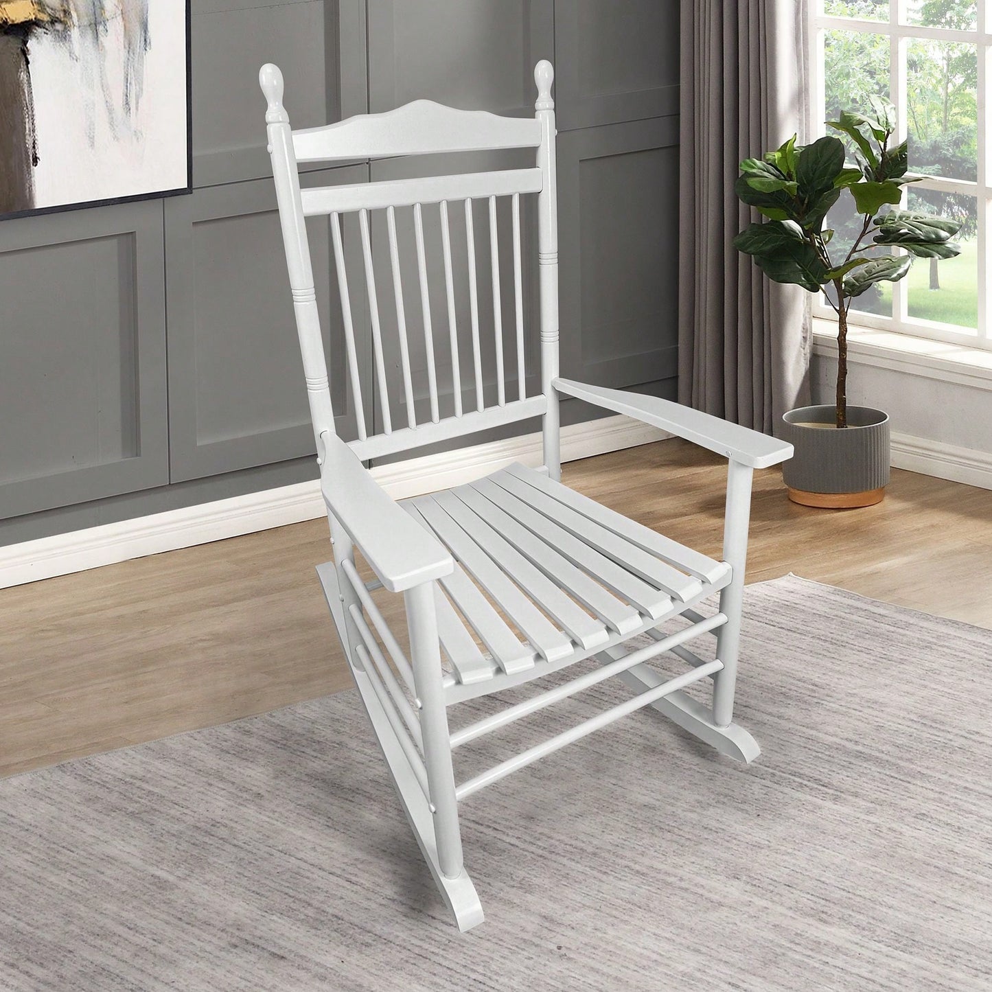 Adult Rocking Chair, Balcony Porch, Solid Hardwood, Wide Seat, Armrest, Slatted Back Rest, Easy Assembly