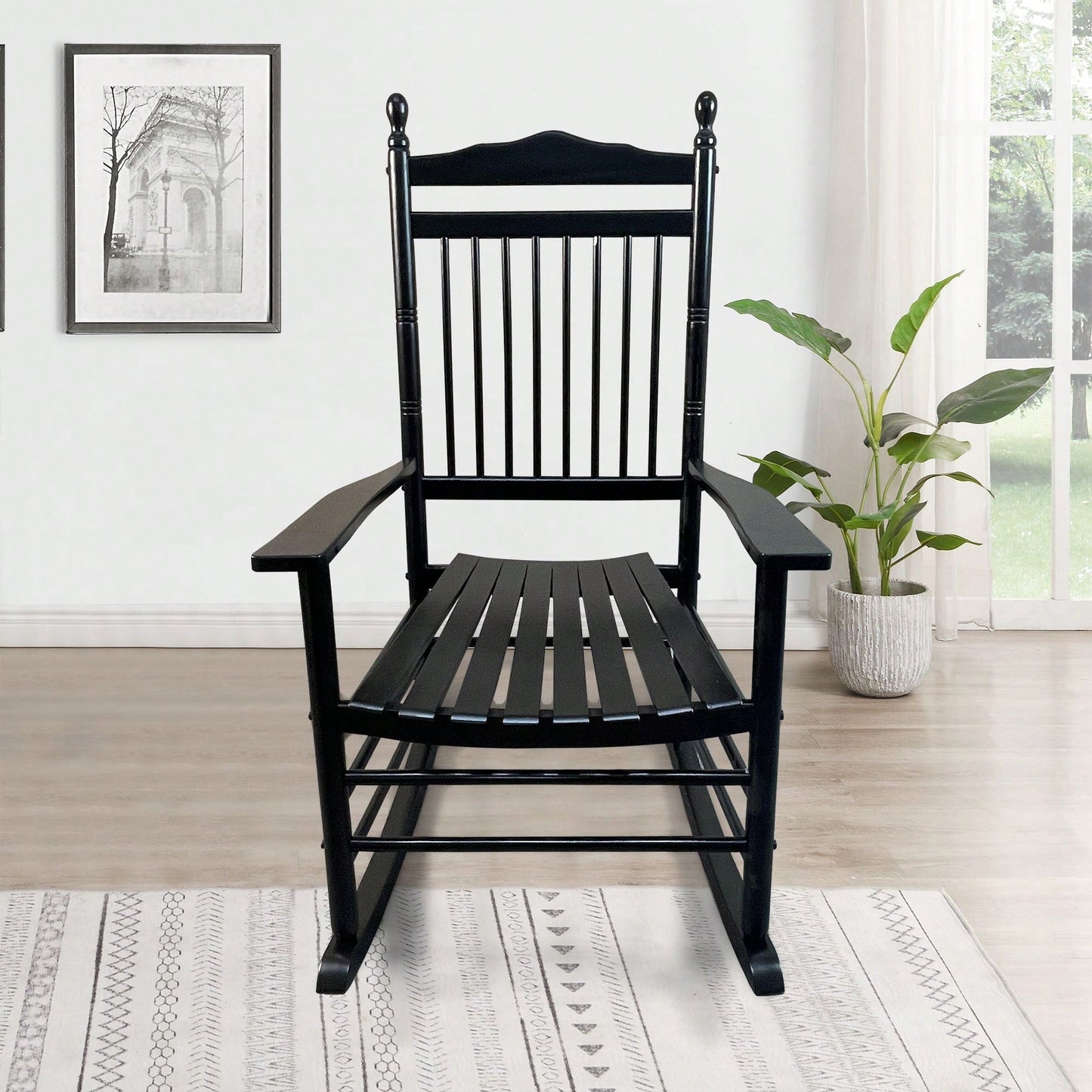 Adult Rocking Chair, Balcony Porch, Solid Hardwood, Wide Seat, Armrest, Slatted Back Rest, Easy Assembly