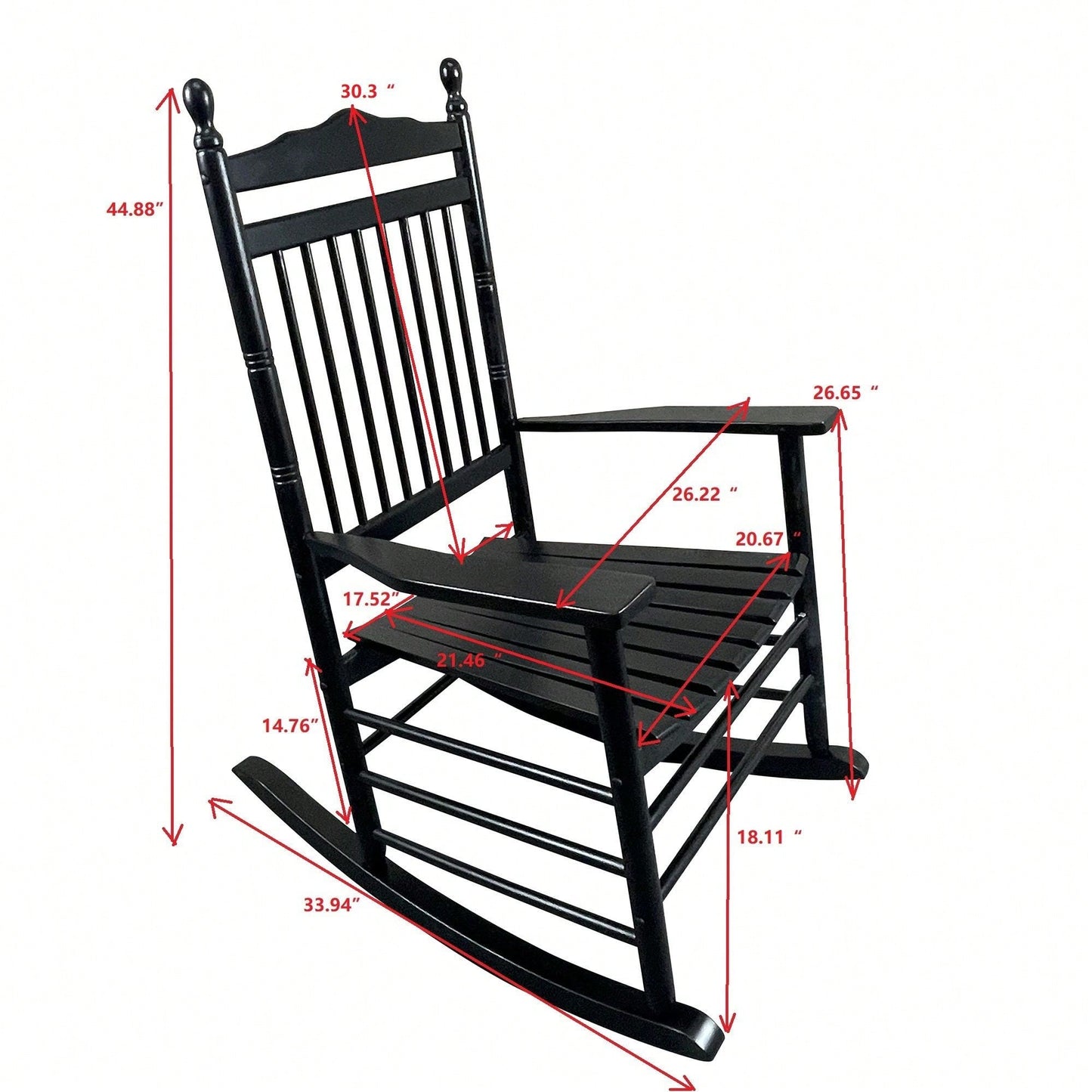 Adult Rocking Chair, Balcony Porch, Solid Hardwood, Wide Seat, Armrest, Slatted Back Rest, Easy Assembly