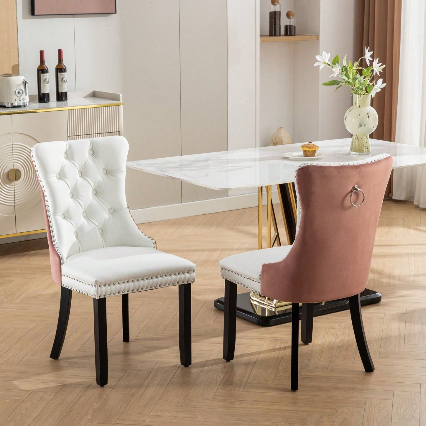 Set Of 2, Modern, High-End Tufted Solid Wood Contemporary PU And Velvet Upholstered Dining Chair With Wood Legs Nailhead Trim