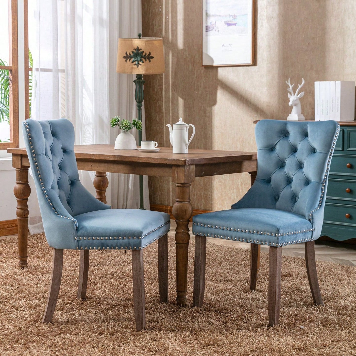 Set Of 2, Modern High-End Tufted Solid Wood Contemporary Velvet Upholstered Dining Chair With Wood Legs Nailhead Trim