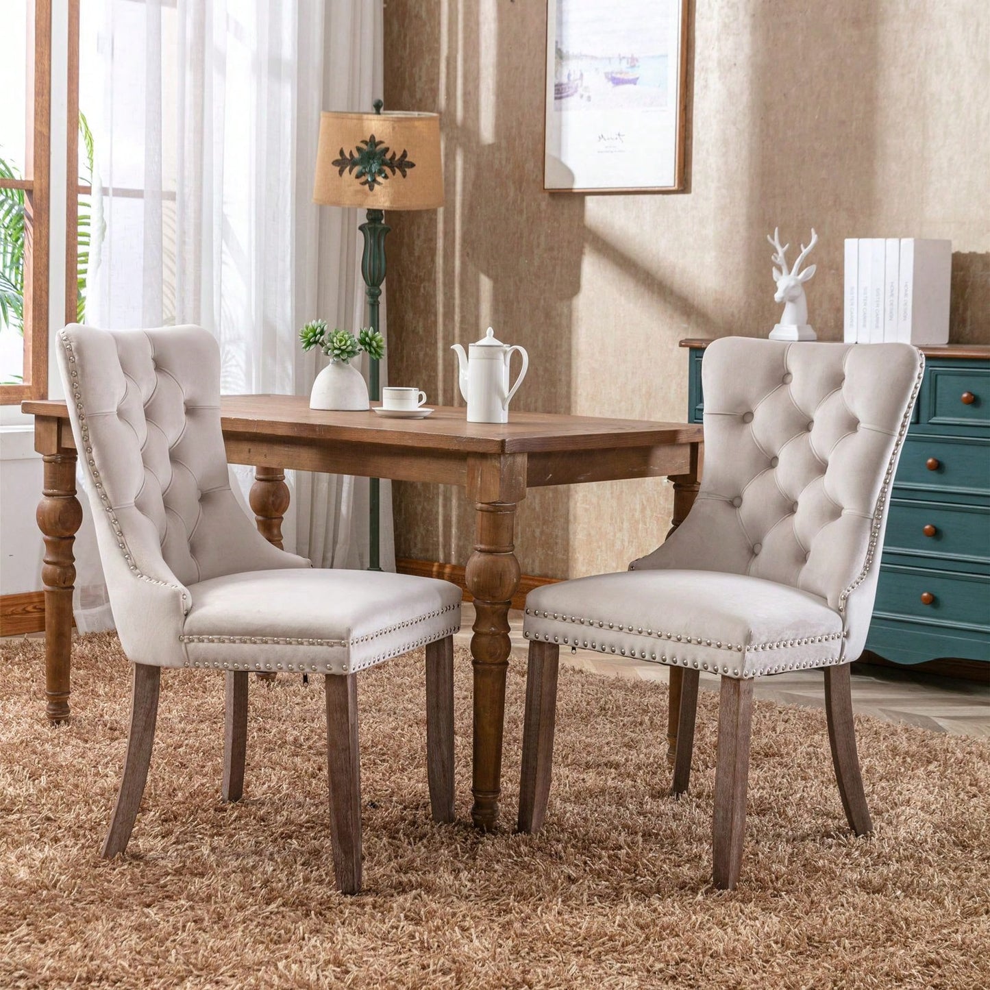Set Of 2, Modern High-End Tufted Solid Wood Contemporary Velvet Upholstered Dining Chair With Wood Legs Nailhead Trim