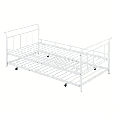 Curved Handle Design, Twin Size Trundle Bed, Durable Iron Construction, No Box Spring Needed