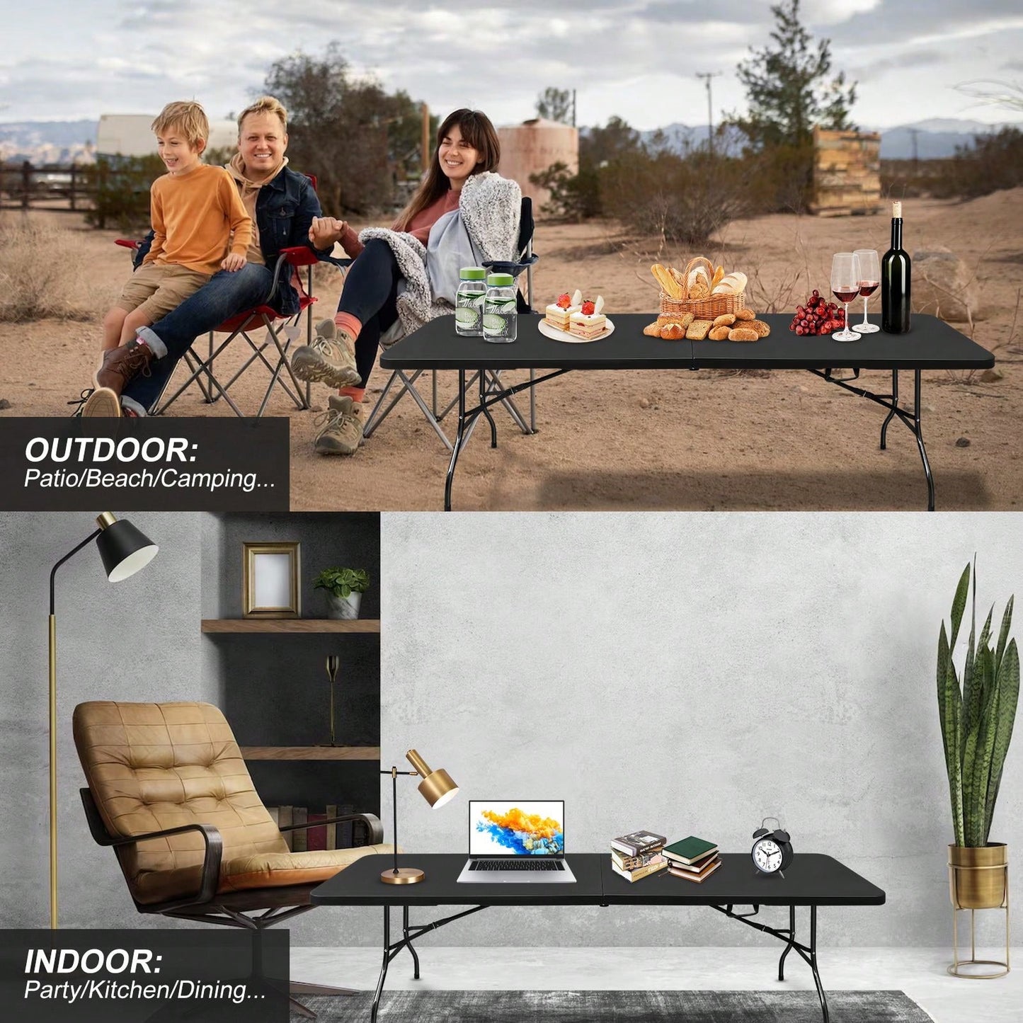 8ft Folding Table, Portable Plastic Table For Camping, Picnics, Parties, High Load Bearing Foldable Table