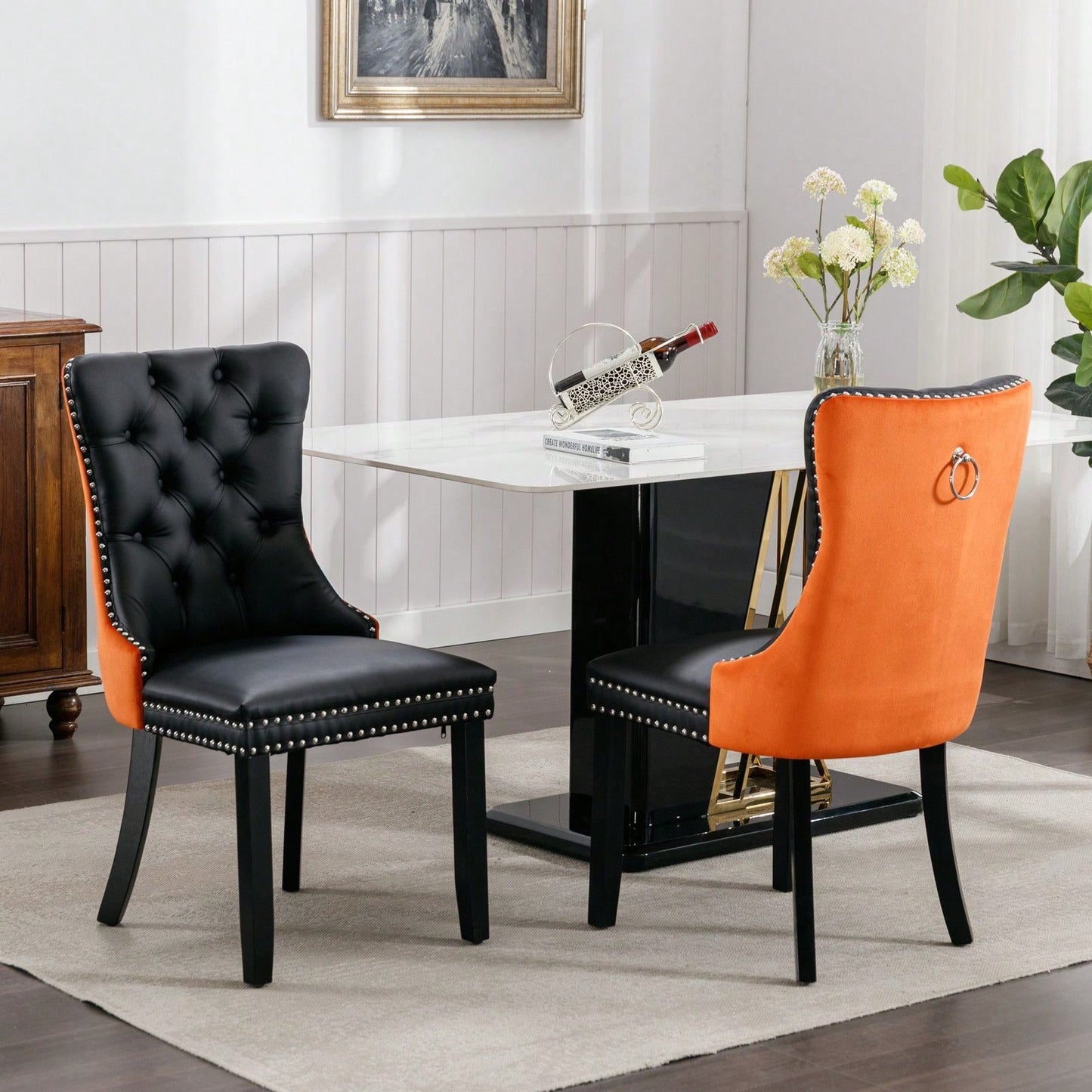 Set Of 2, Modern, High-End Tufted Solid Wood Contemporary PU And Velvet Upholstered Dining Chair With Wood Legs Nailhead Trim