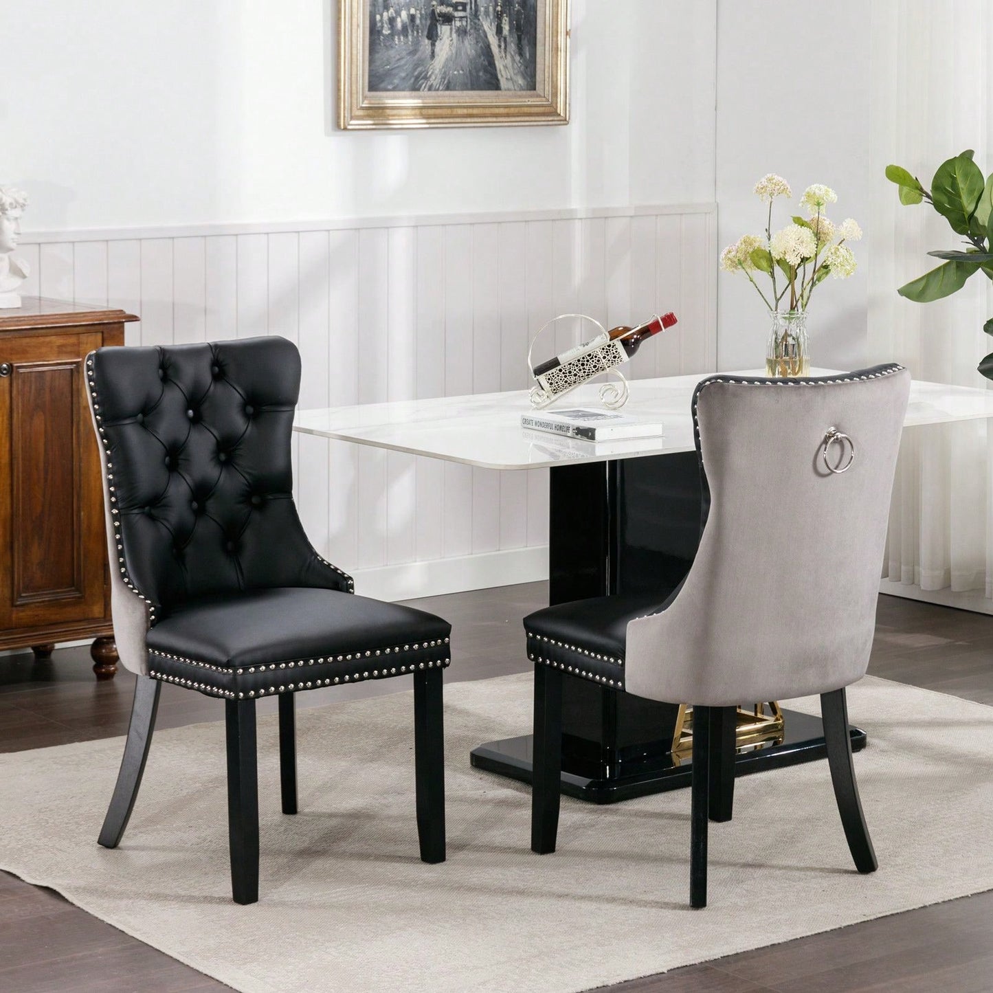 Set Of 2, Modern, High-End Tufted Solid Wood Contemporary PU And Velvet Upholstered Dining Chair With Wood Legs Nailhead Trim