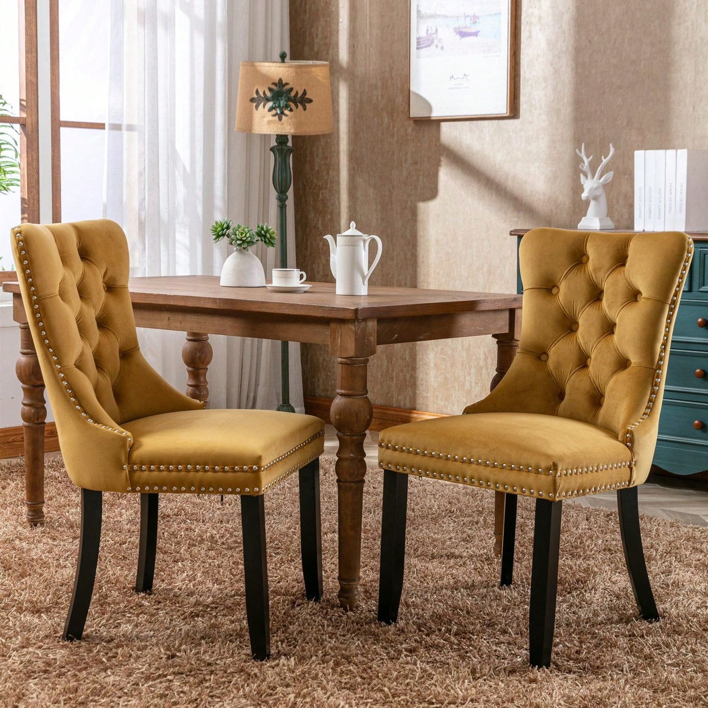 Set Of 2, Modern High-End Tufted Solid Wood Contemporary Velvet Upholstered Dining Chair With Wood Legs Nailhead Trim