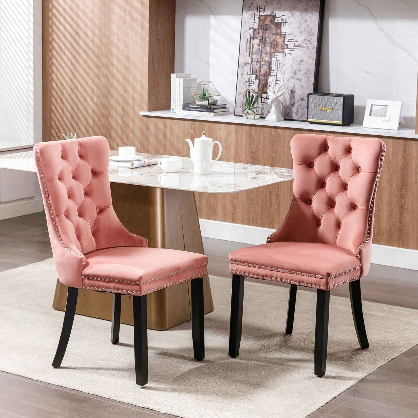 Set Of 2, Modern High-End Tufted Solid Wood Contemporary Velvet Upholstered Dining Chair With Wood Legs Nailhead Trim