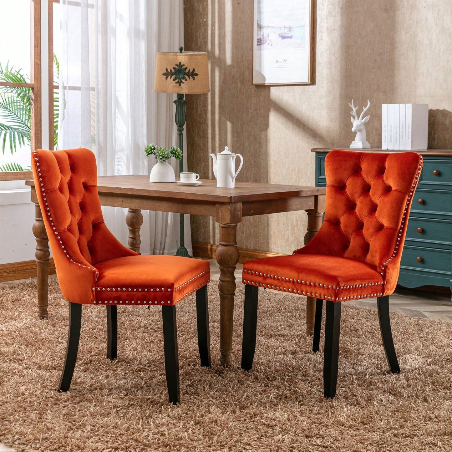 Set Of 2, Modern High-End Tufted Solid Wood Contemporary Velvet Upholstered Dining Chair With Wood Legs Nailhead Trim