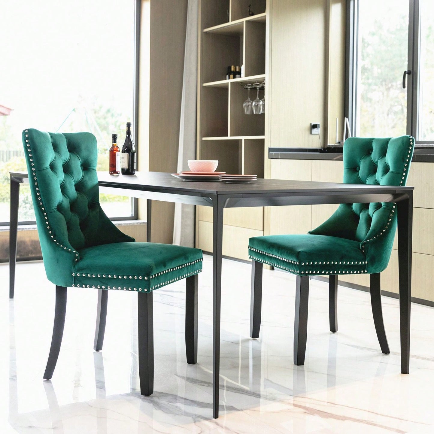 Set Of 2, Modern High-End Tufted Solid Wood Contemporary Velvet Upholstered Dining Chair With Wood Legs Nailhead Trim