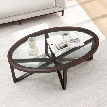 Modern Round Glass Coffee Table with Solid Wood Base for Living Room and Study