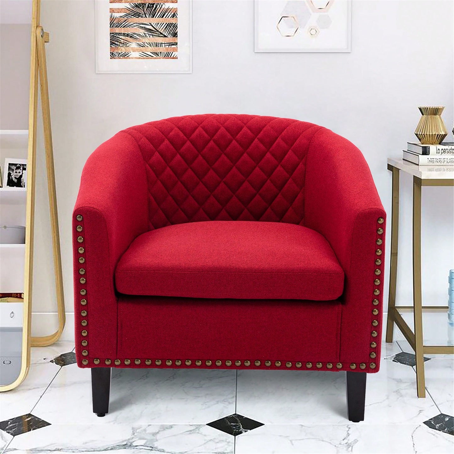 Barrel Chair Living Room Chair With Nailheads And Solid Wood Legs Linen