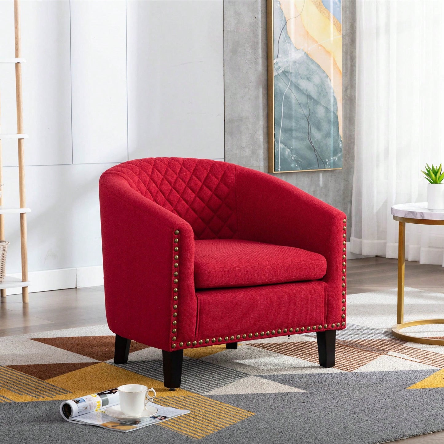 Barrel Chair Living Room Chair With Nailheads And Solid Wood Legs Linen