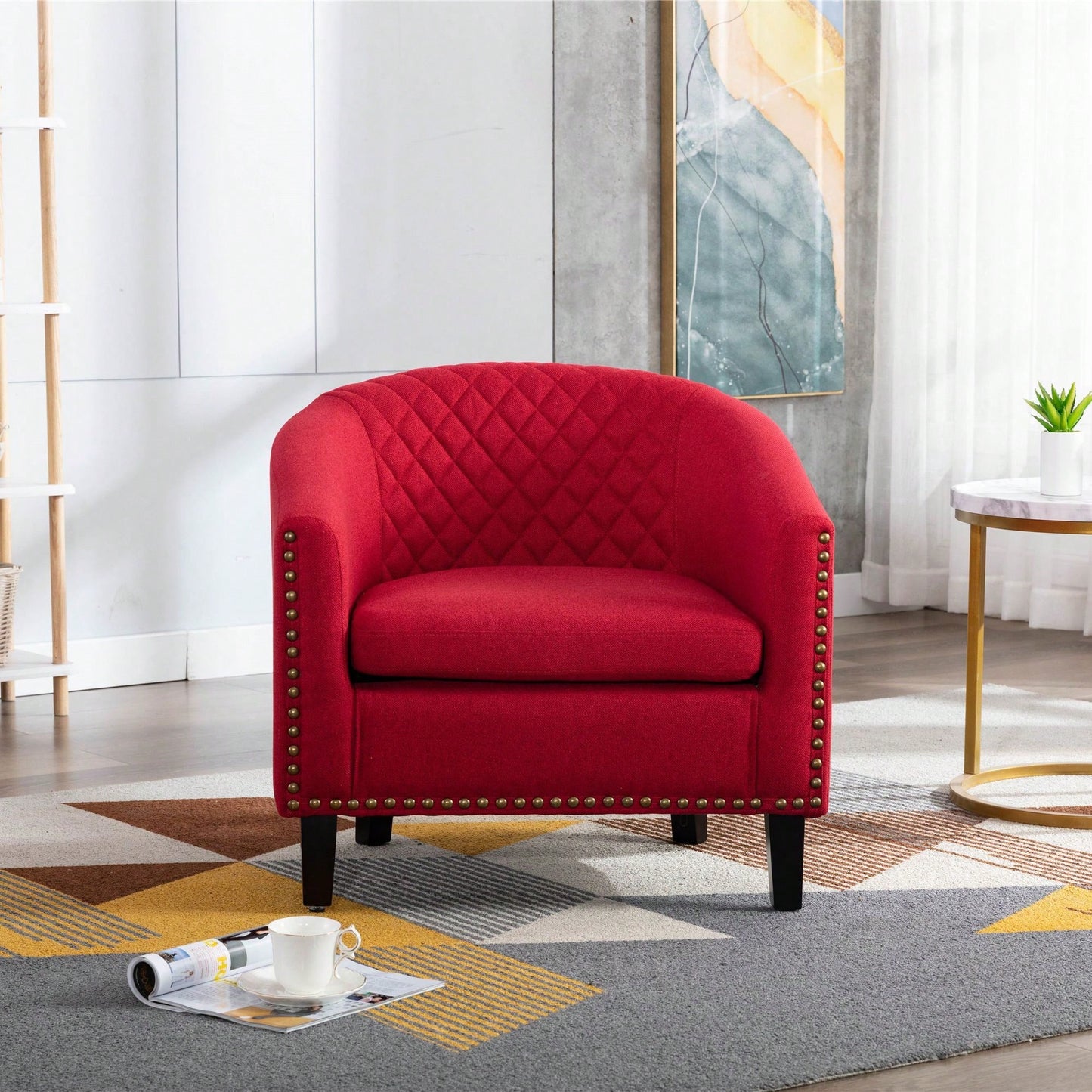 Barrel Chair Living Room Chair With Nailheads And Solid Wood Legs Linen