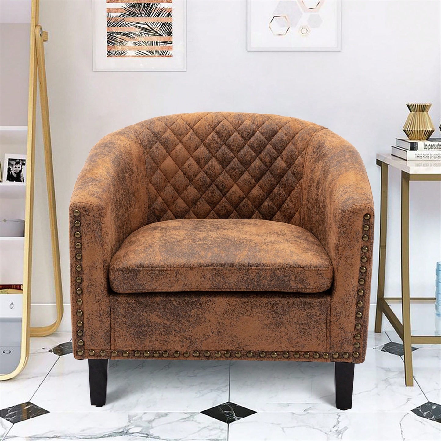 Barrel Chair Living Room Chair With Nailheads And Solid Wood Legs Linen
